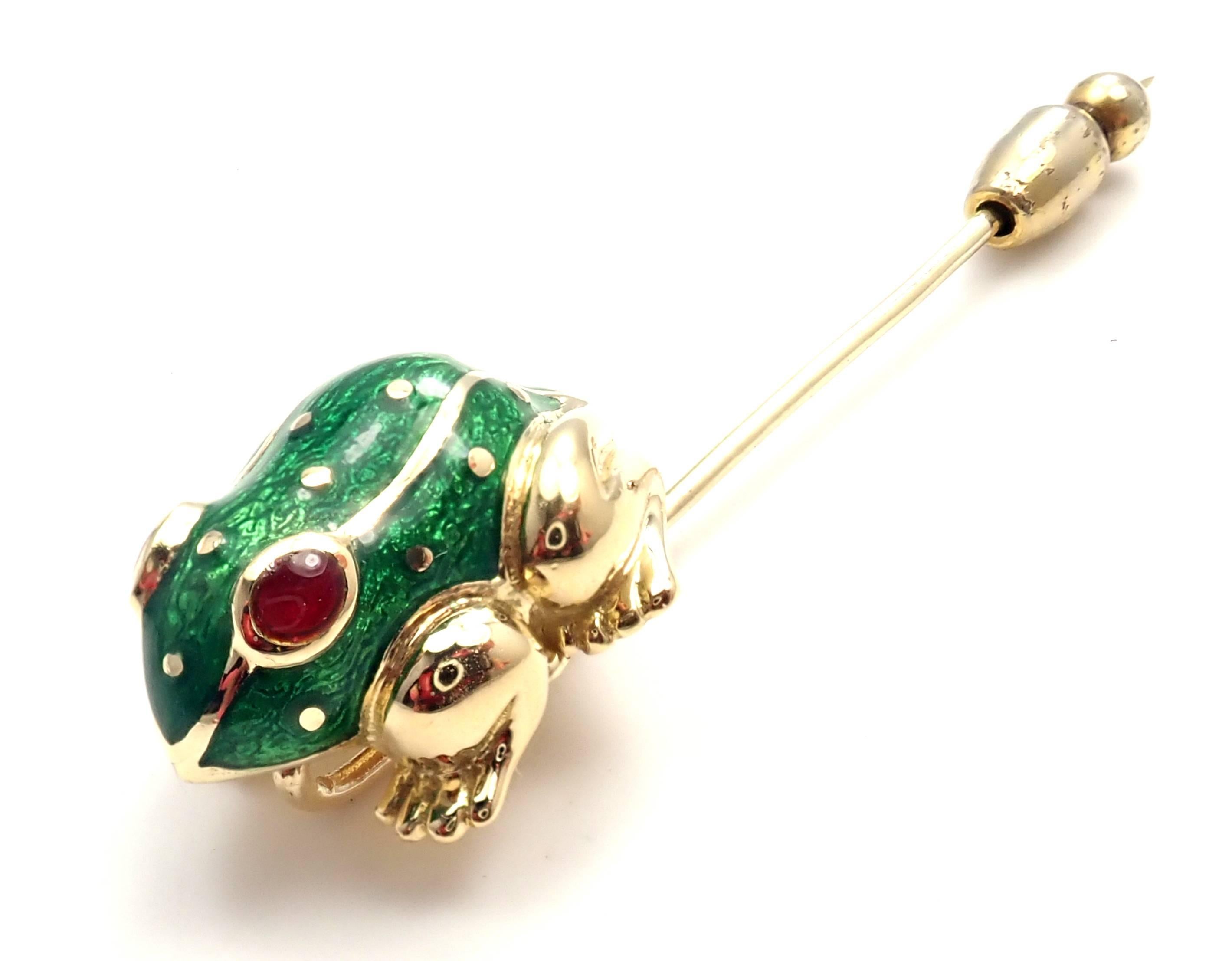 18k Yellow Gold Ruby & Green Enamel Lucky Frog Stick Pin Brooch by David Webb. 
With 2 cabochon ruby eyes
Details: 
Measurements: Frog: 20mm x 15mm
Weight: 8.3 grams
Stamped Hallmark:  Webb 18K
*Free Shipping within the United States*
YOUR PRICE: