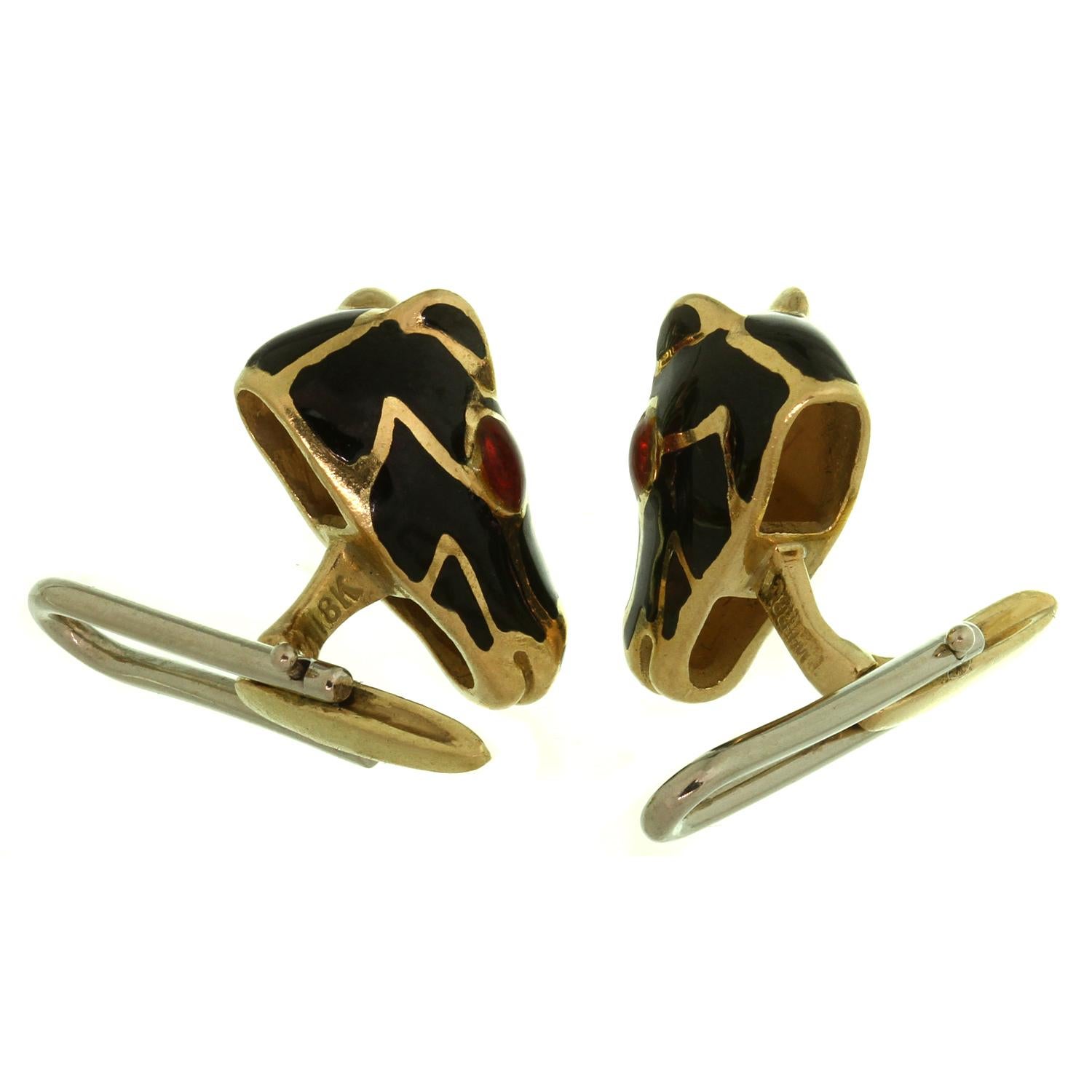 Round Cut David Webb Ruby Enamel Yellow Gold Horse Head Shirt Stud Set For Sale