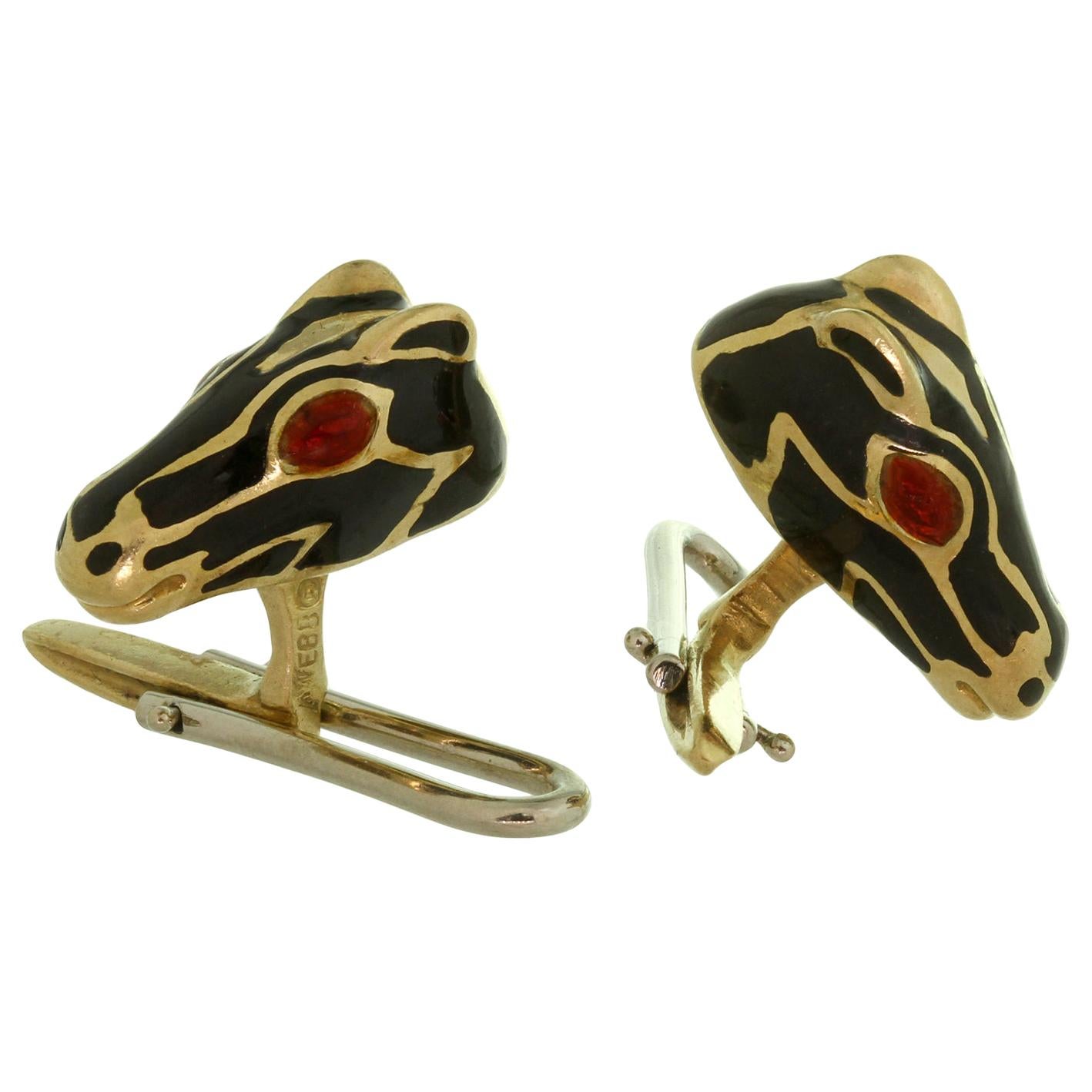 David Webb Ruby Enamel Yellow Gold Horse Head Shirt Stud Set For Sale