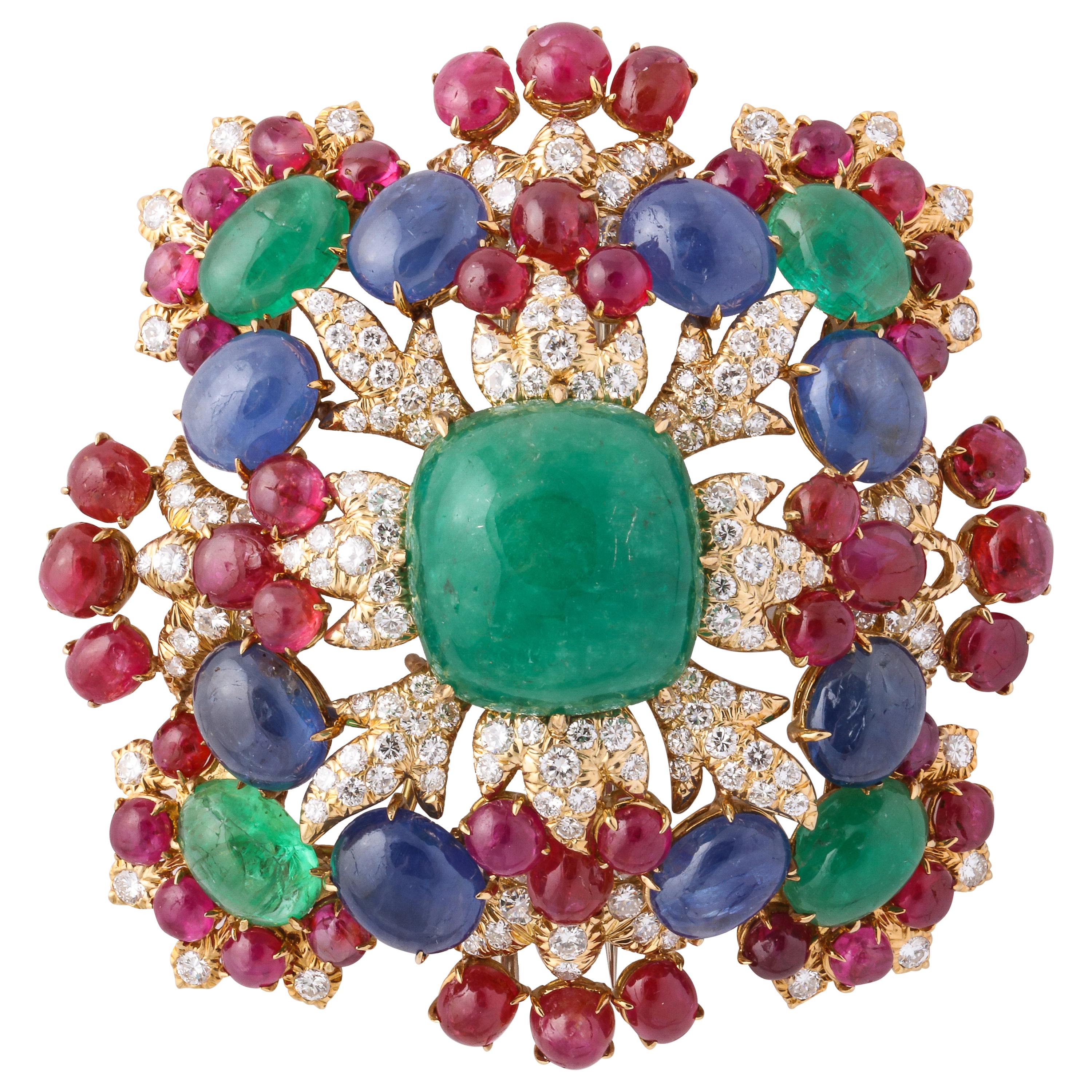 David Webb Ruby Sapphire Emerald Diamond Yellow Gold Brooch Brooch Pendant