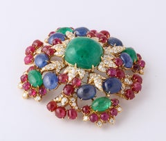 David Webb Ruby Sapphire Emerald Diamond Yellow Gold Brooch Brooch Pendant