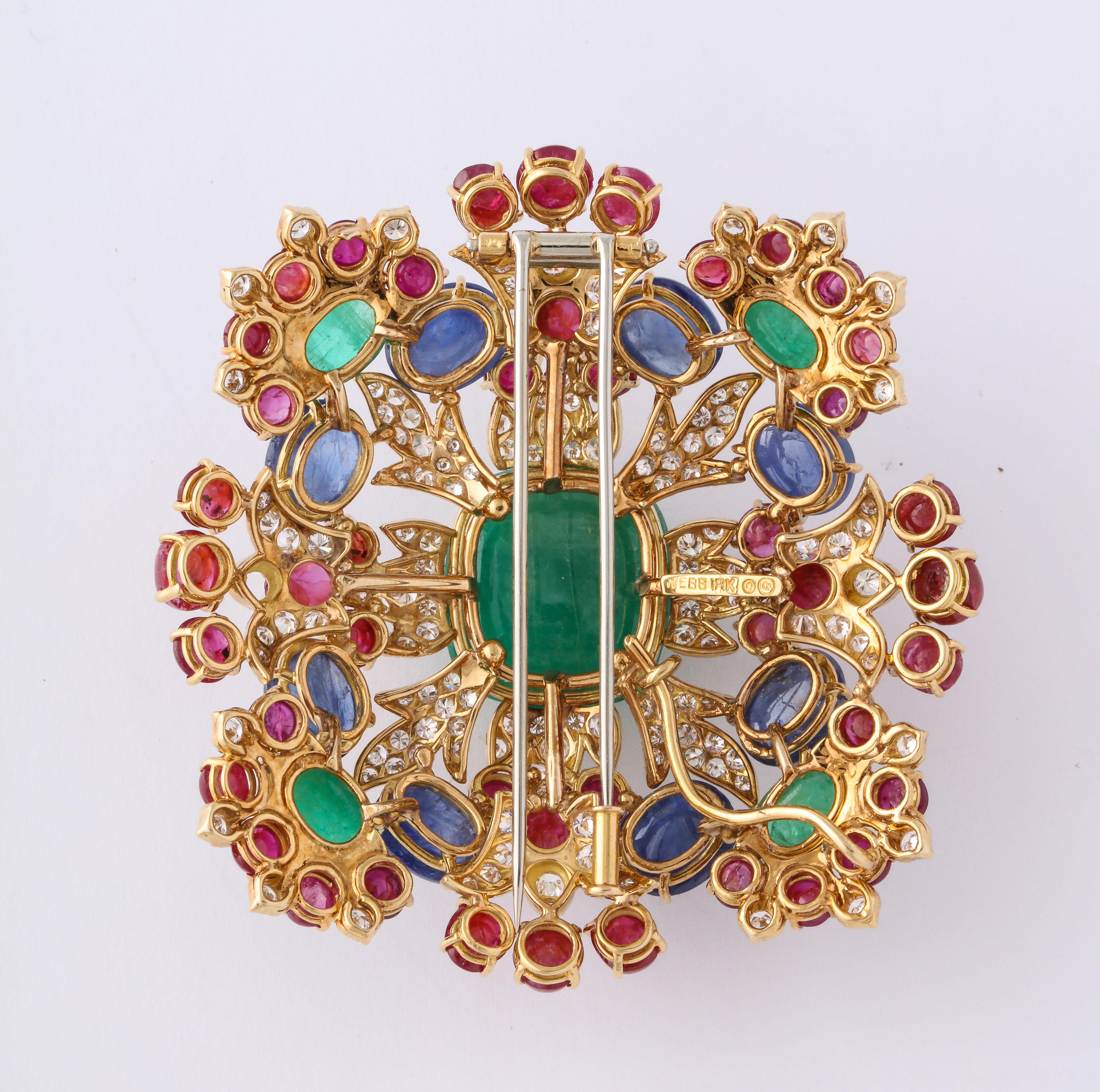 Retro David Webb Ruby Sapphire Emerald Diamond Yellow Gold Brooch Brooch Pendant