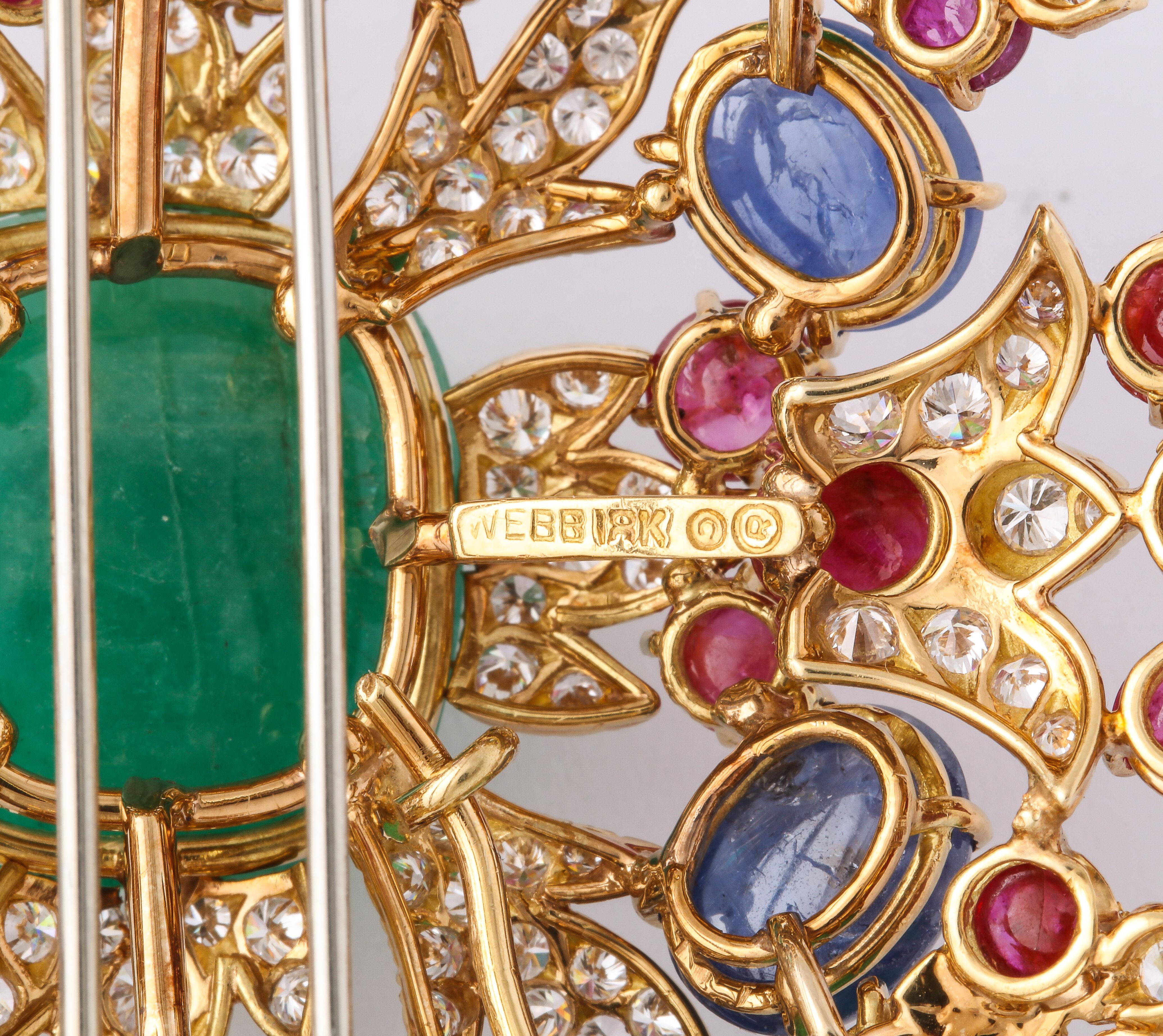 Emerald Cut David Webb Ruby Sapphire Emerald Diamond Yellow Gold Brooch Brooch Pendant