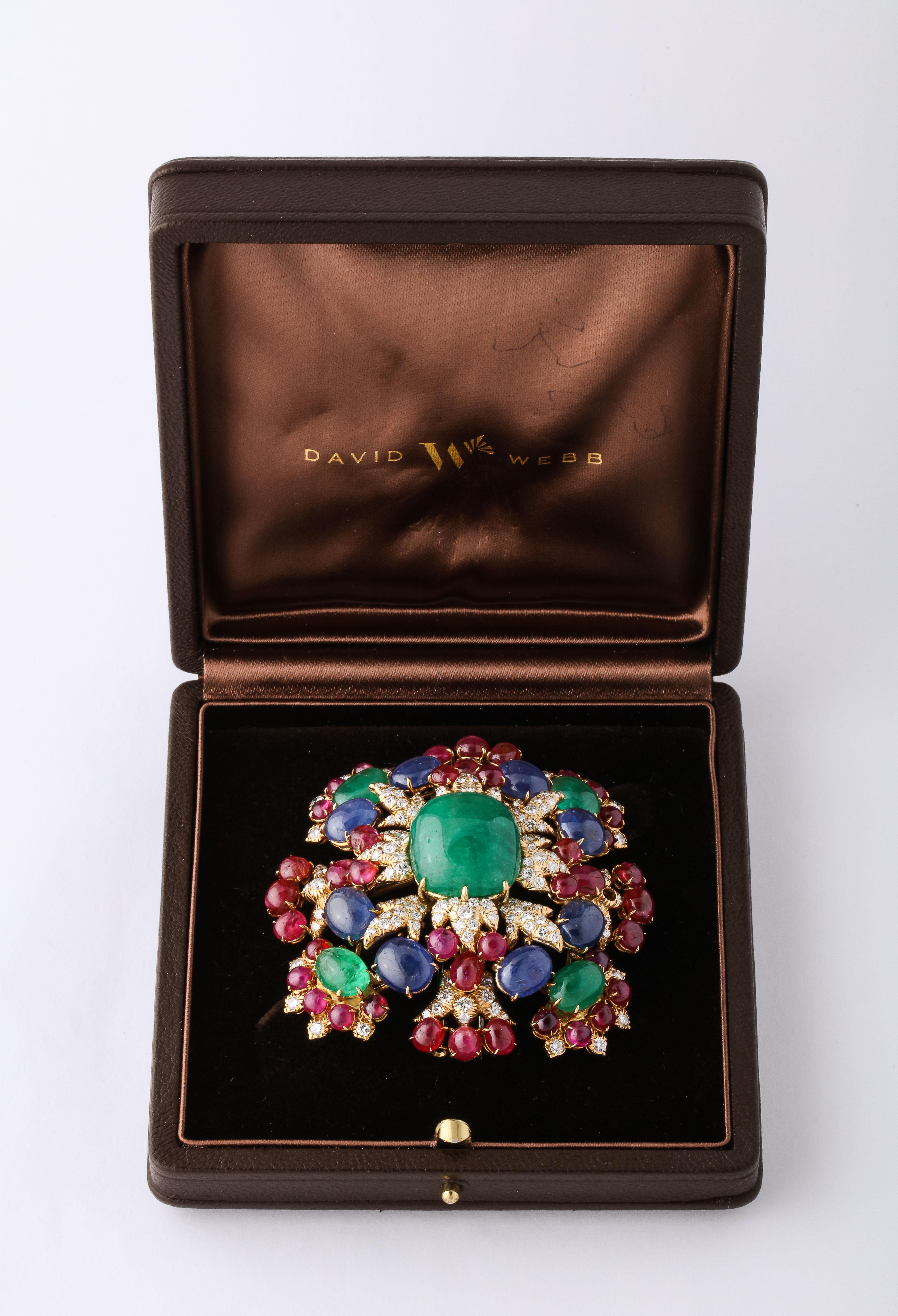 David Webb Ruby Sapphire Emerald Diamond Yellow Gold Brooch Brooch Pendant In Good Condition In New York, NY