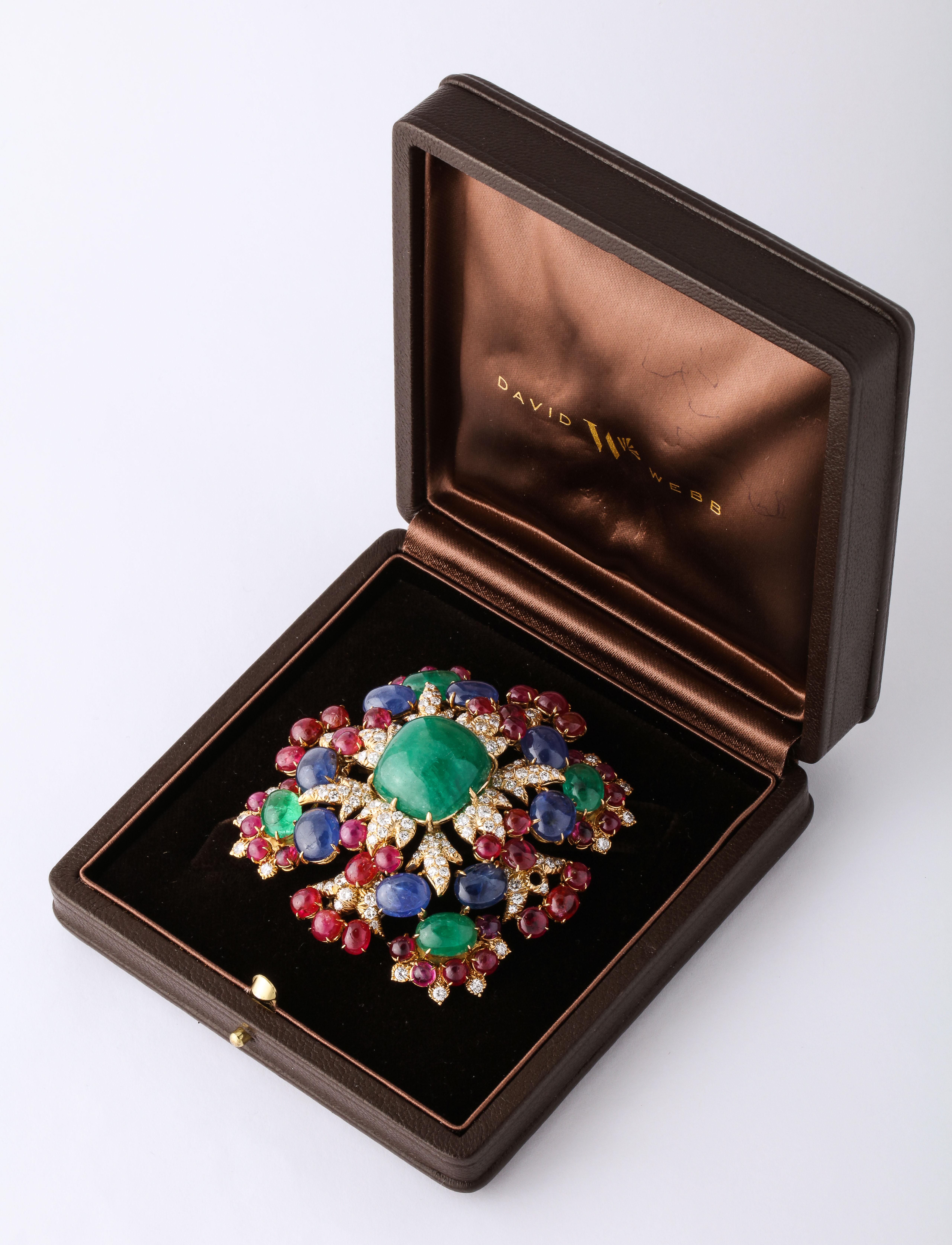 Women's David Webb Ruby Sapphire Emerald Diamond Yellow Gold Brooch Brooch Pendant