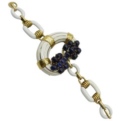 Vintage David Webb Sapphire and Enamel Link Bracelet with a Central C in 18 Karat Gold