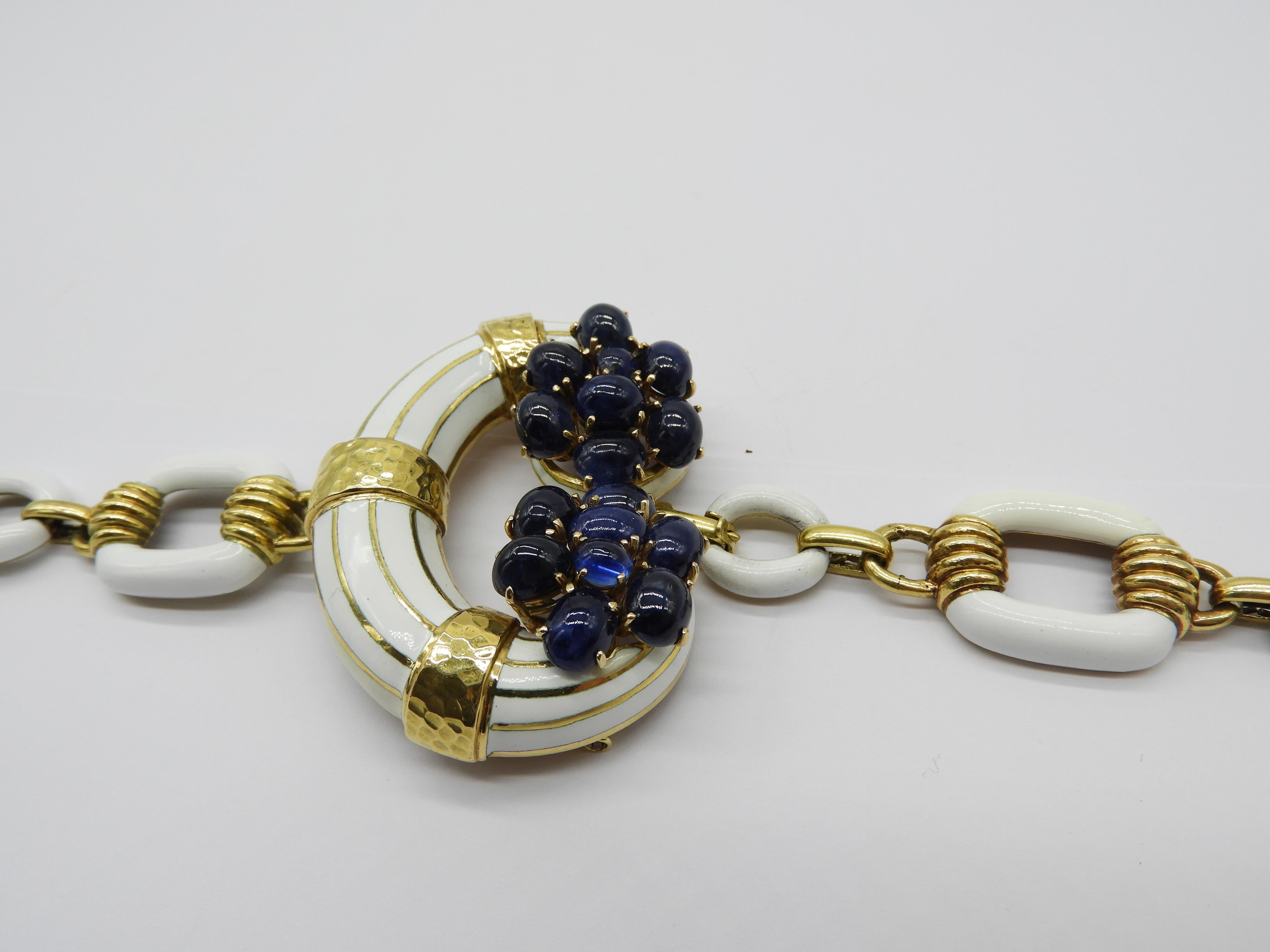 Artisan David Webb Sapphire and Enamel Link Bracelet with a Central C in 18 Karat Gold