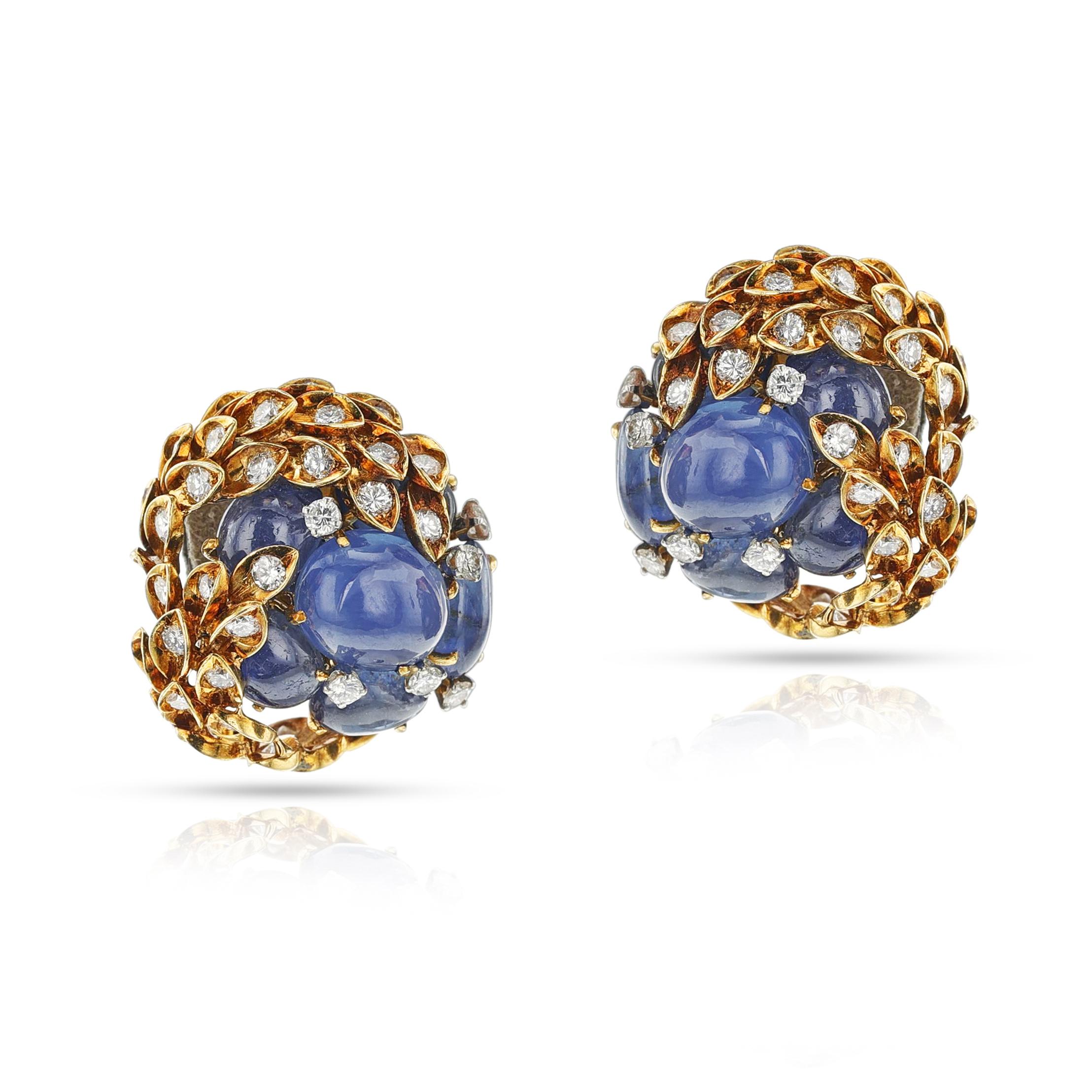 Women's or Men's David Webb Sapphire Cabochon and Diamond Earrings, 18k For Sale