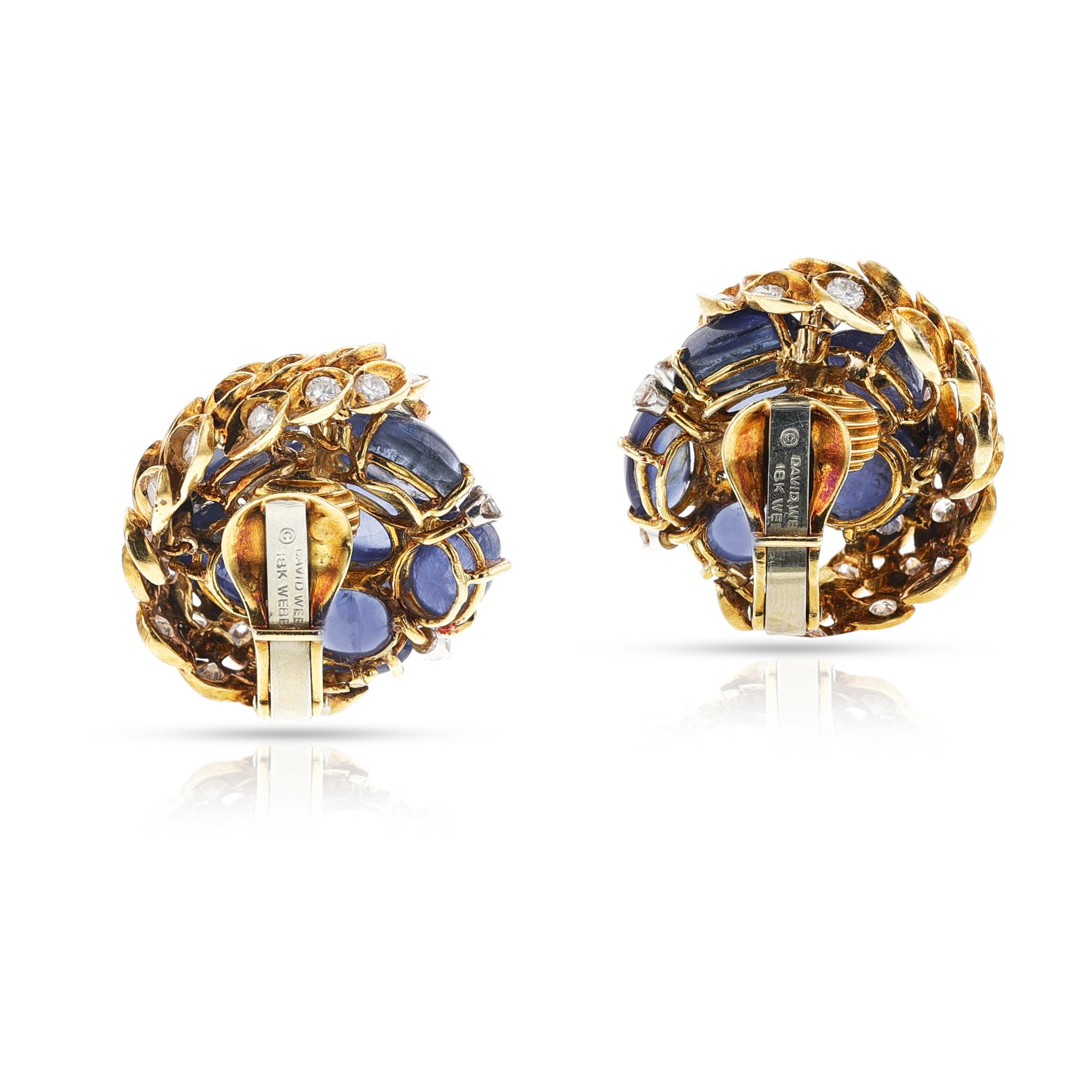 David Webb Sapphire Cabochon and Diamond Earrings, 18k For Sale 1