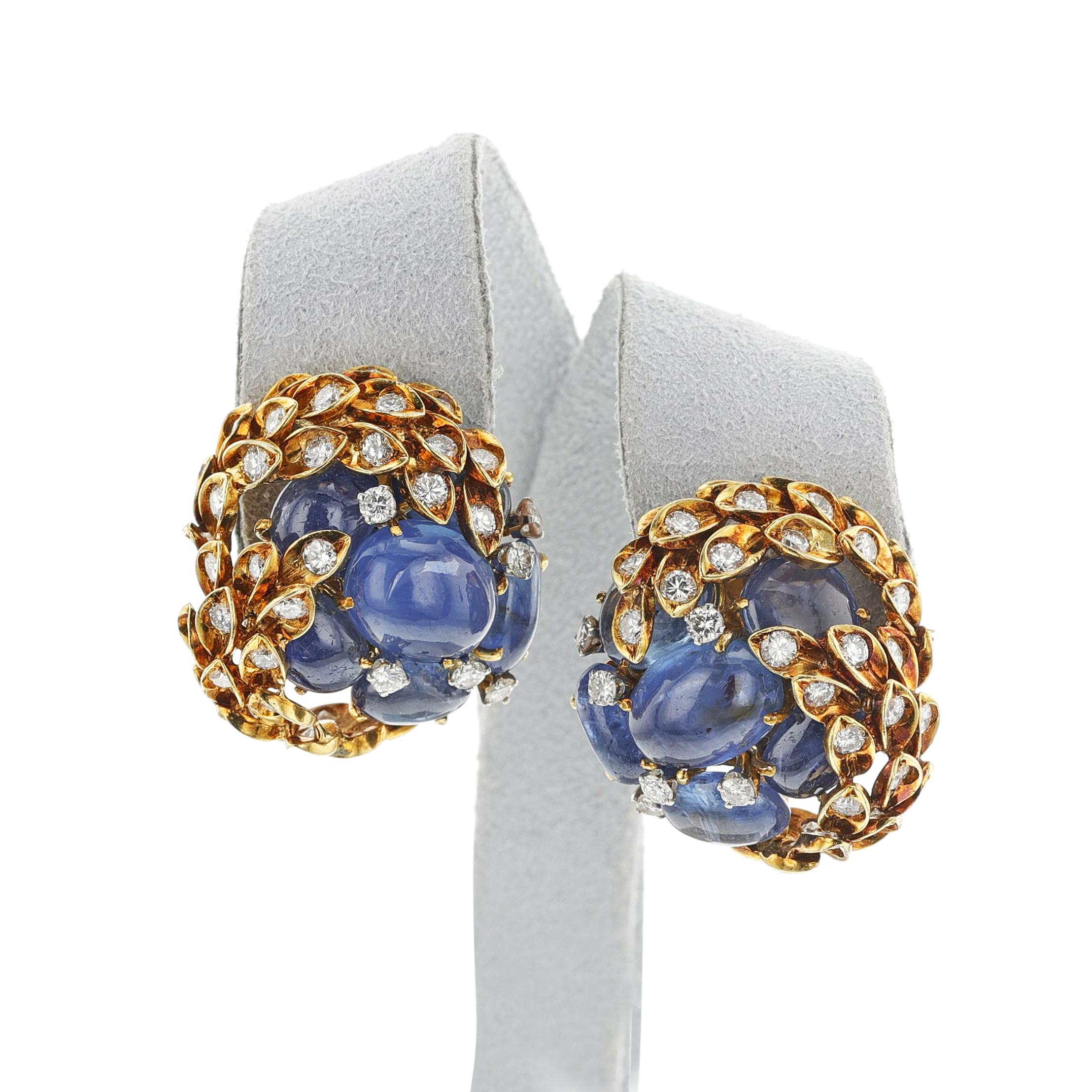 David Webb Sapphire Cabochon and Diamond Earrings, 18k For Sale 2