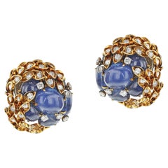 David Webb Sapphire Cabochon and Diamond Earrings, 18k