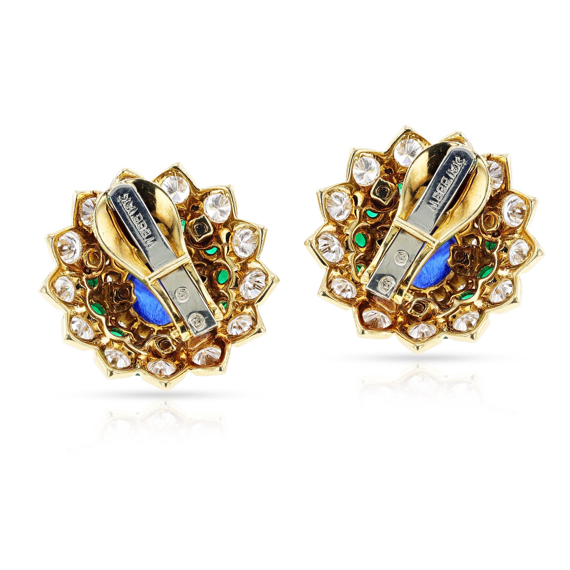 Round Cut David Webb Sapphire Cabochon, Emerald and Diamond Earrings For Sale