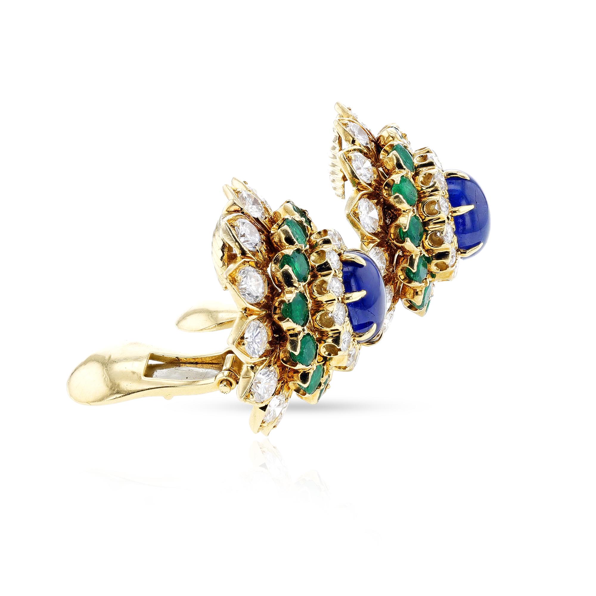 David Webb Sapphire Cabochon, Emerald and Diamond Earrings In Excellent Condition For Sale In New York, NY