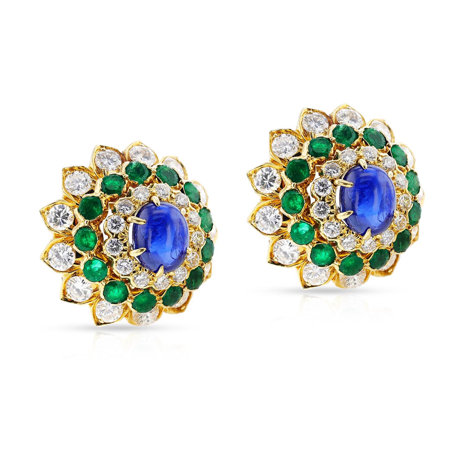 Women's or Men's David Webb Sapphire Cabochon, Emerald and Diamond Earrings For Sale