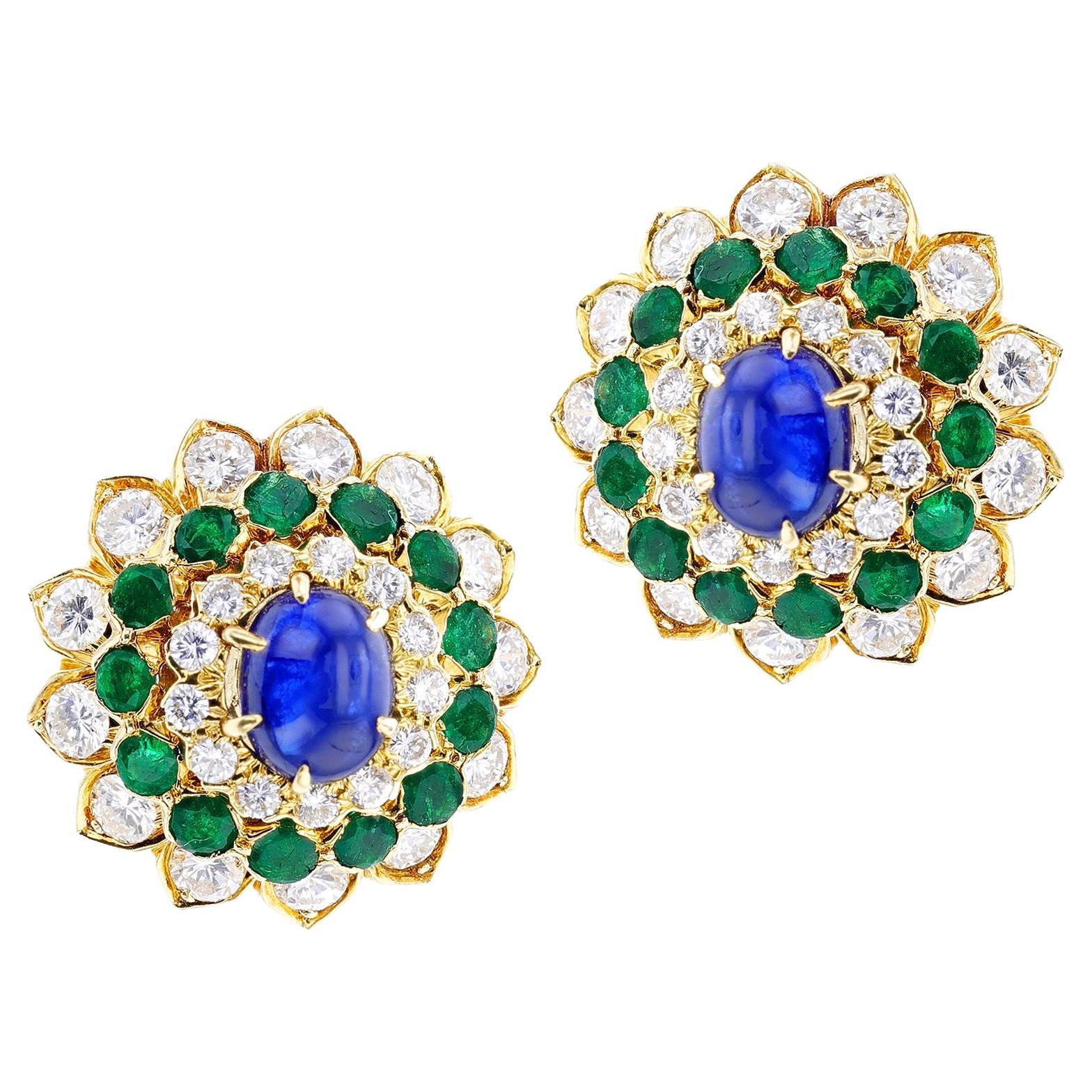 David Webb Sapphire Cabochon, Emerald and Diamond Earrings For Sale