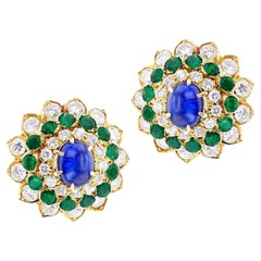 David Webb Sapphire Cabochon, Emerald and Diamond Earrings