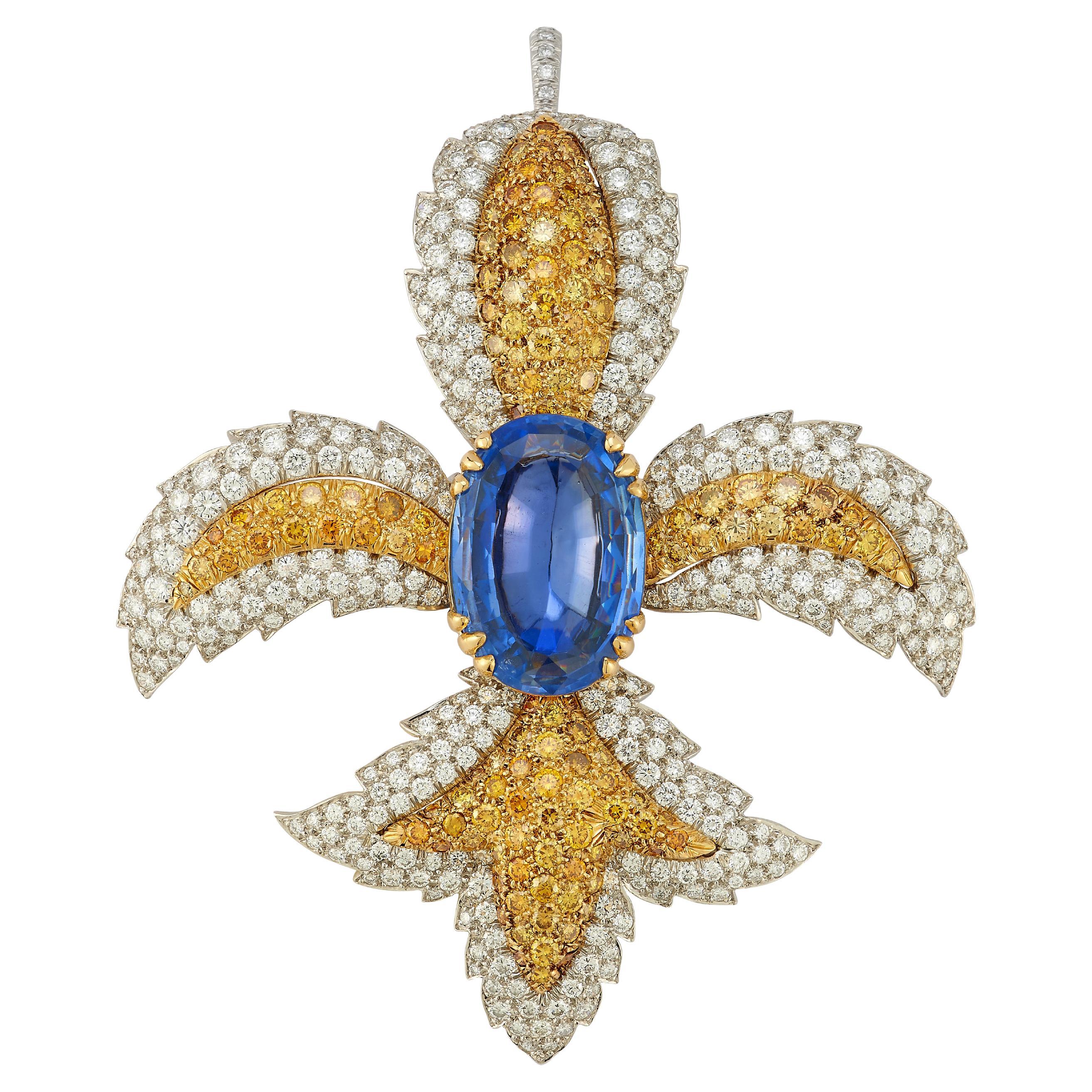 David Webb Sapphire &  Diamond Fleur-De-Lis Brooch 