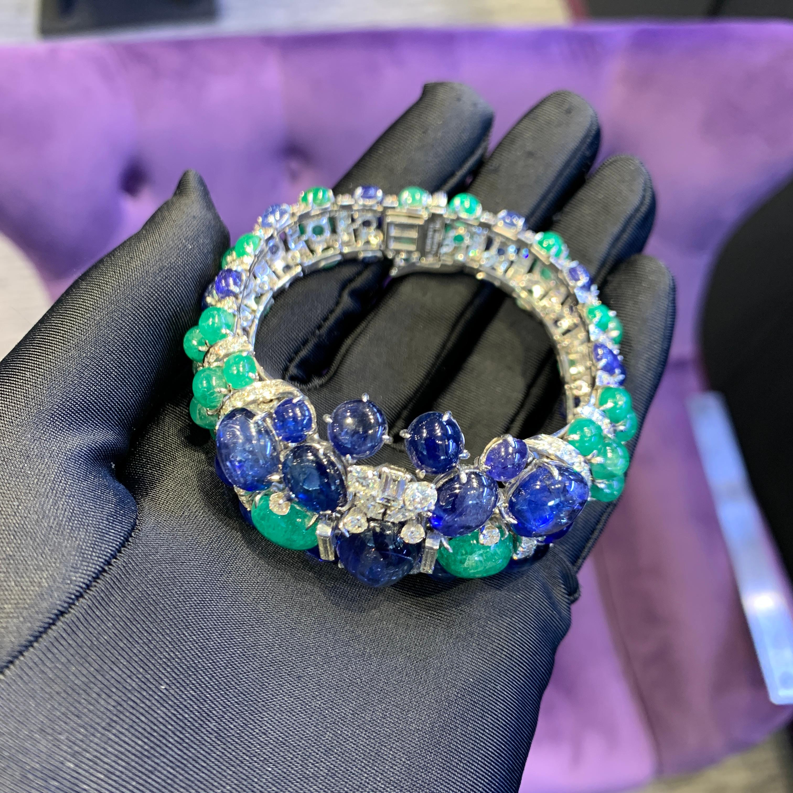 David Webb Sapphire & Emerald Bracelet & Brooch Set 1