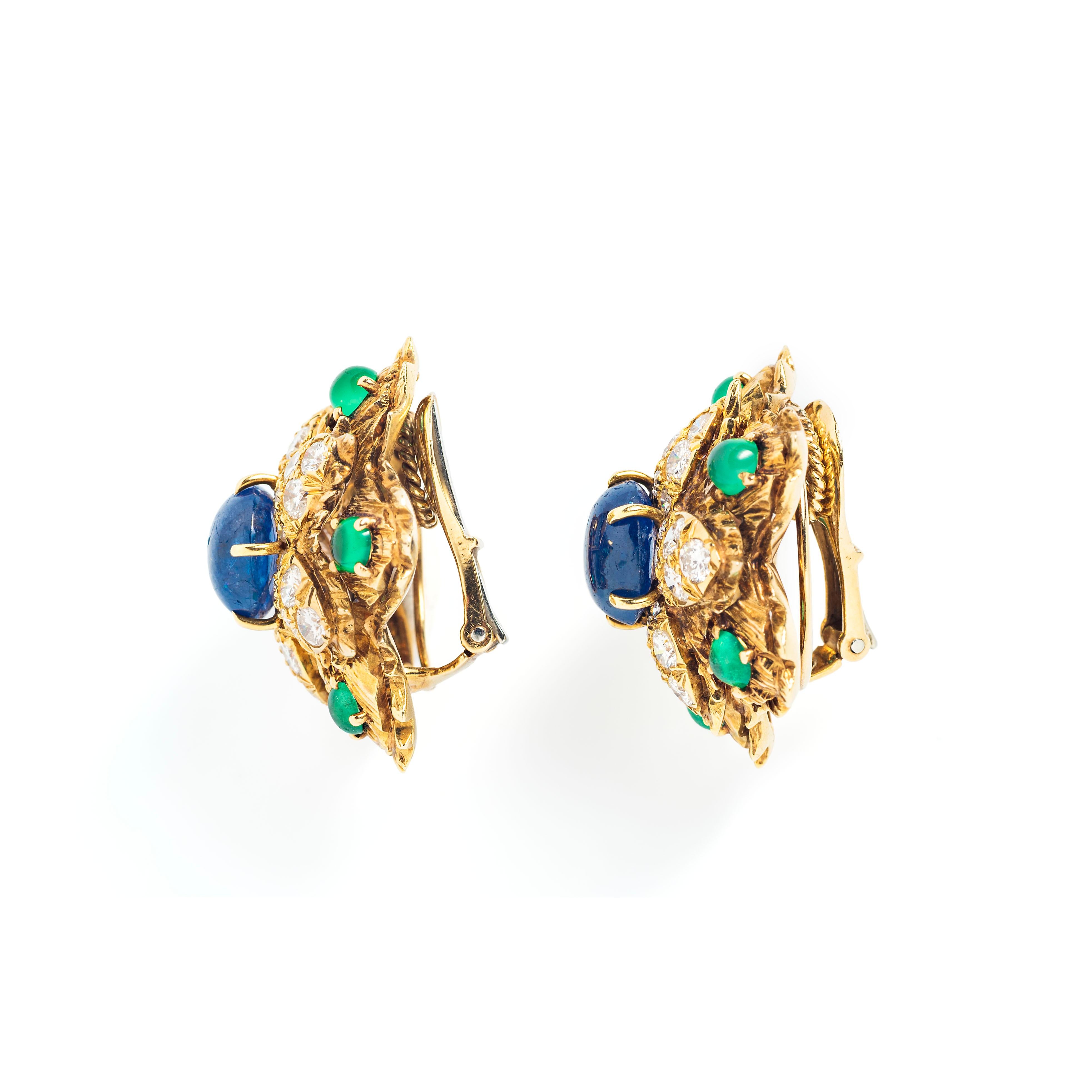 Retro David Webb Sapphire Emerald, Diamond and Gold Ear Clips For Sale