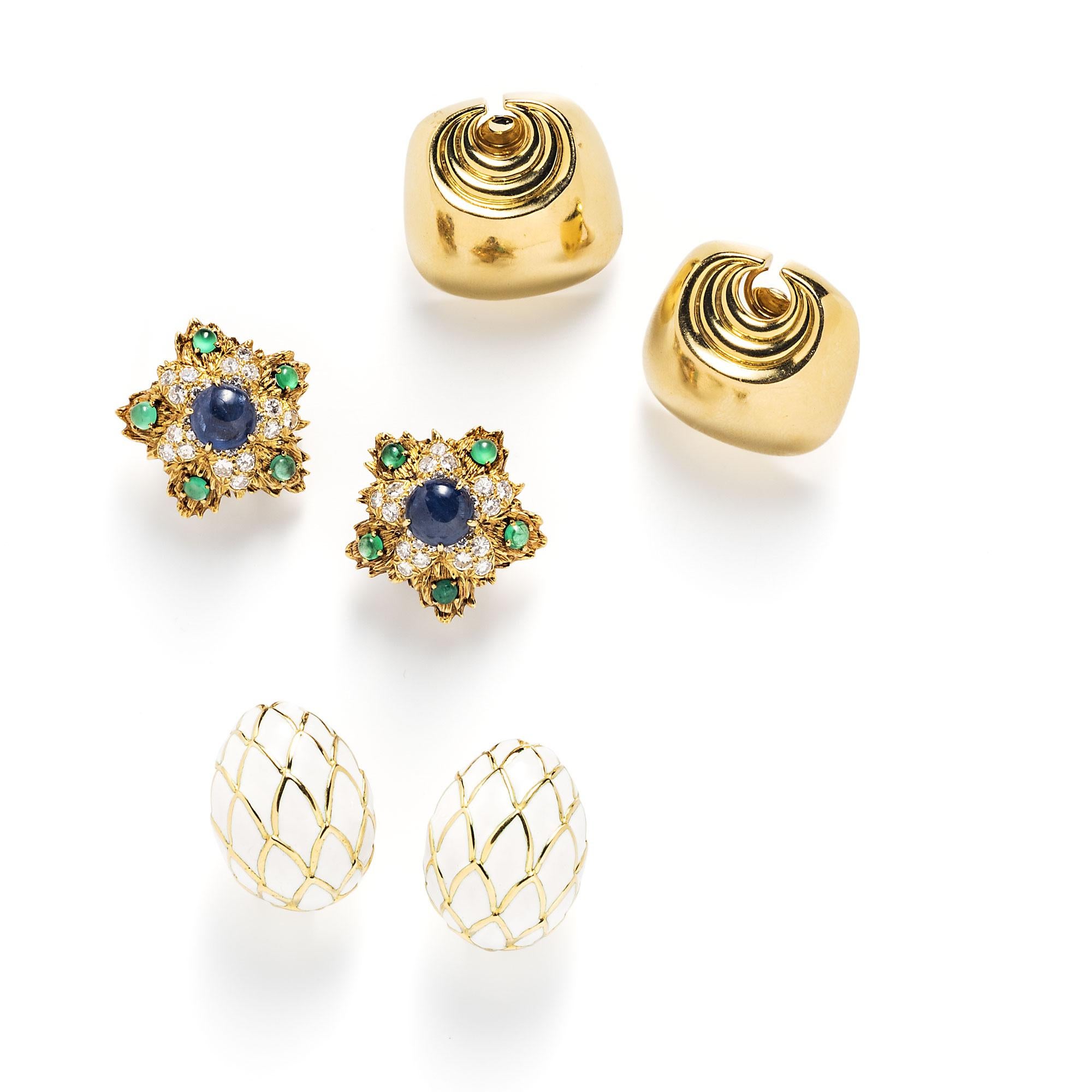 David Webb Sapphire Emerald, Diamond and Gold Ear Clips For Sale 1