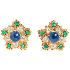 David Webb Sapphire Emerald, Diamond and Gold Ear Clips