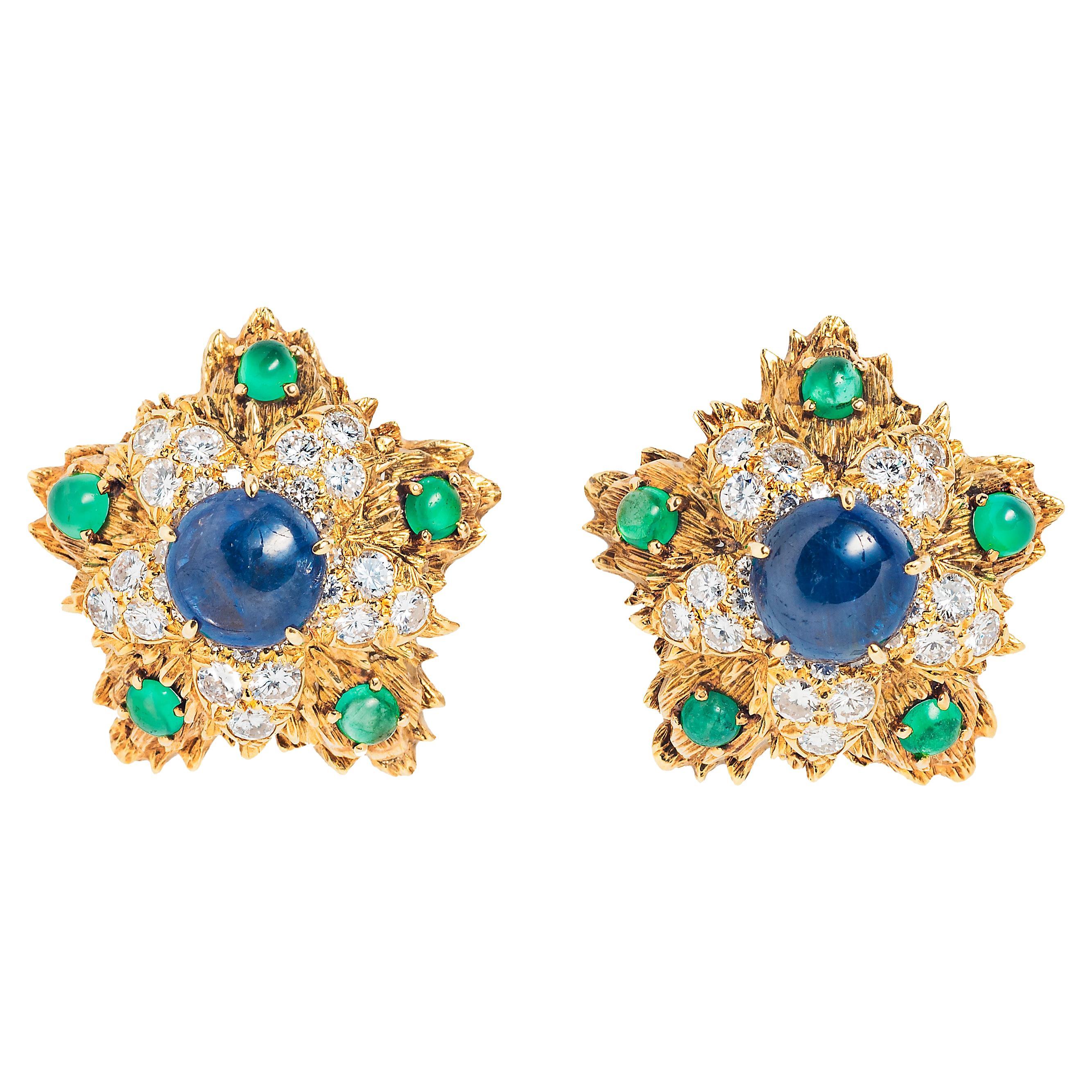 David Webb Sapphire Emerald, Diamond and Gold Ear Clips For Sale