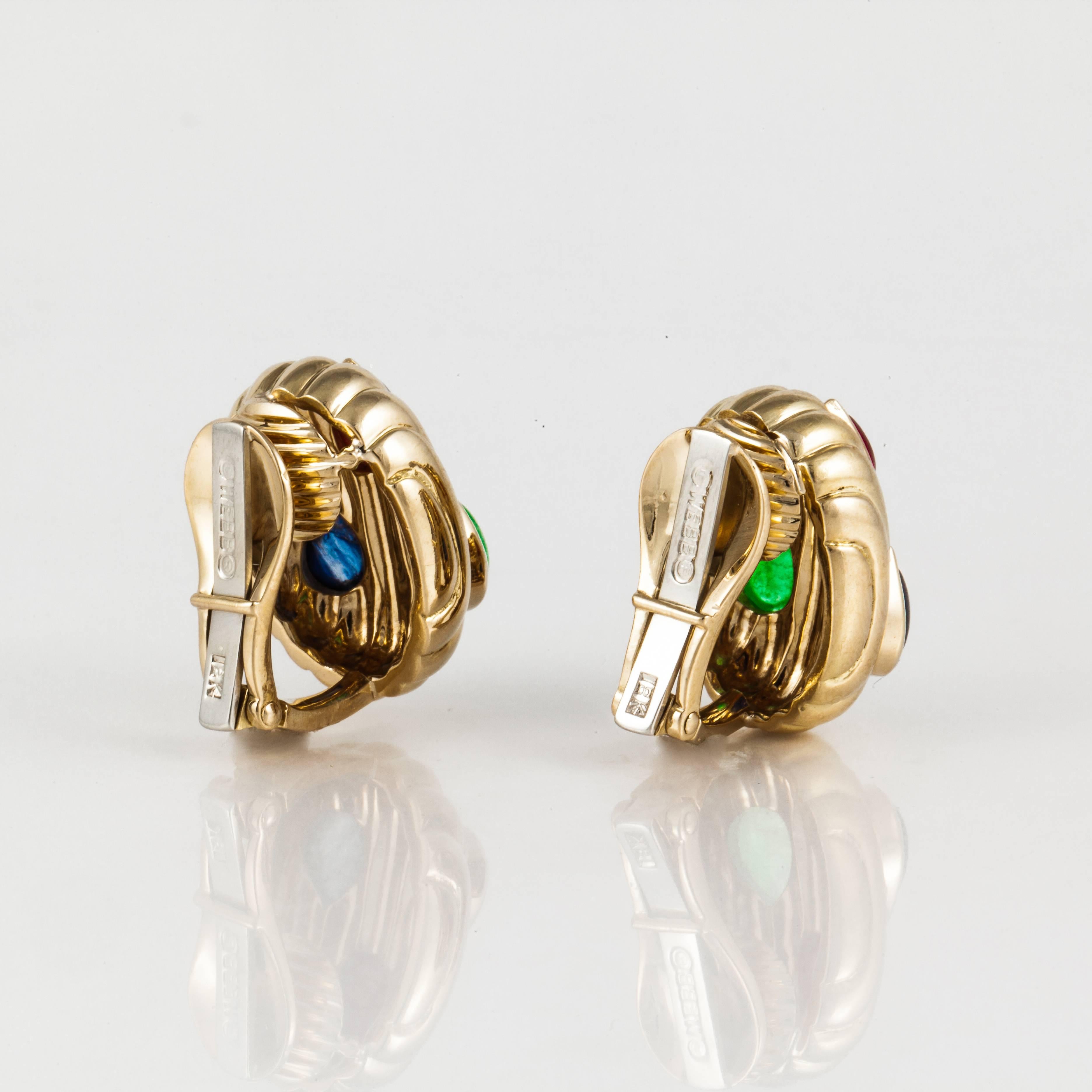 Cabochon David Webb Sapphire Ruby and Emerald Earrings in 18K Gold
