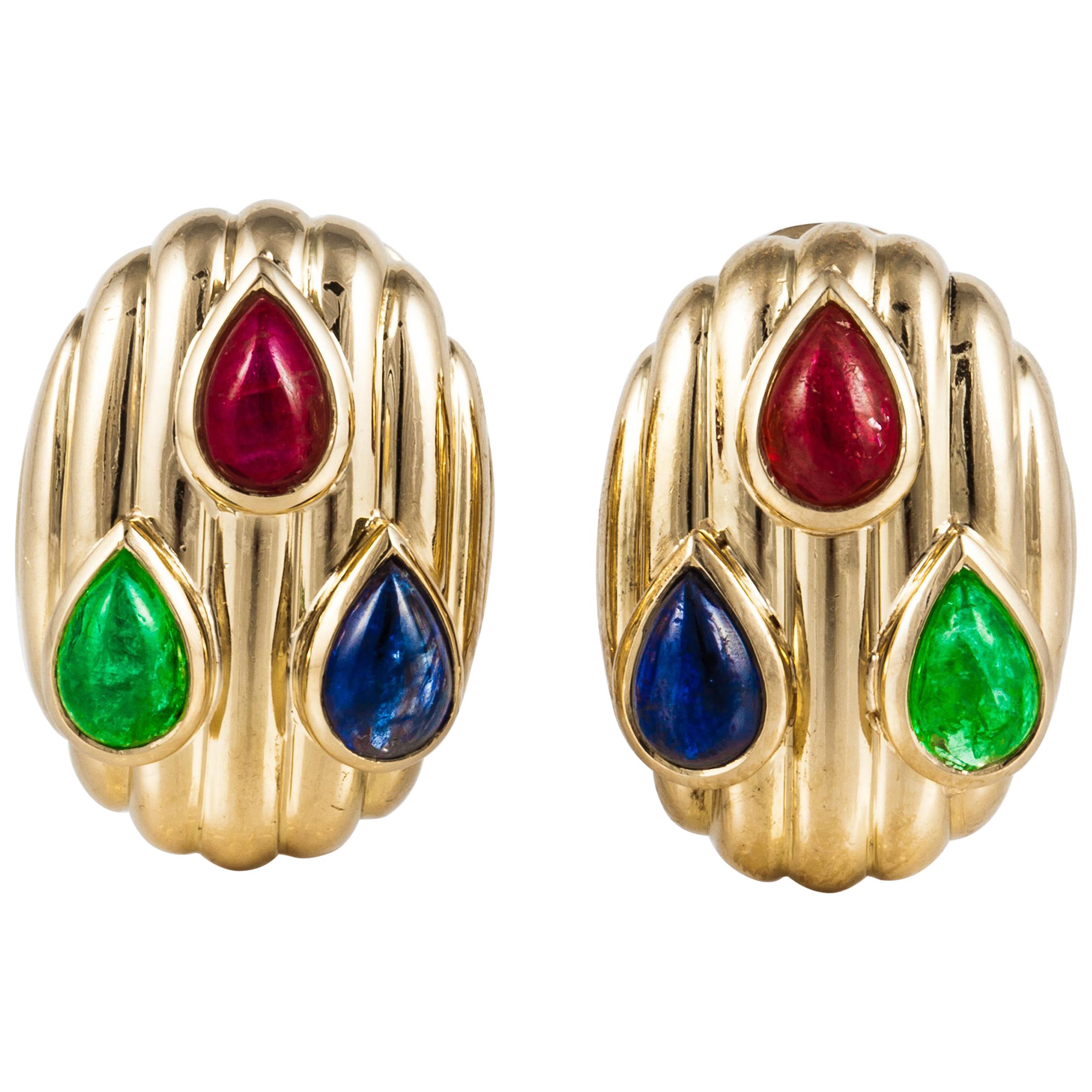 David Webb Sapphire Ruby and Emerald Earrings in 18K Gold