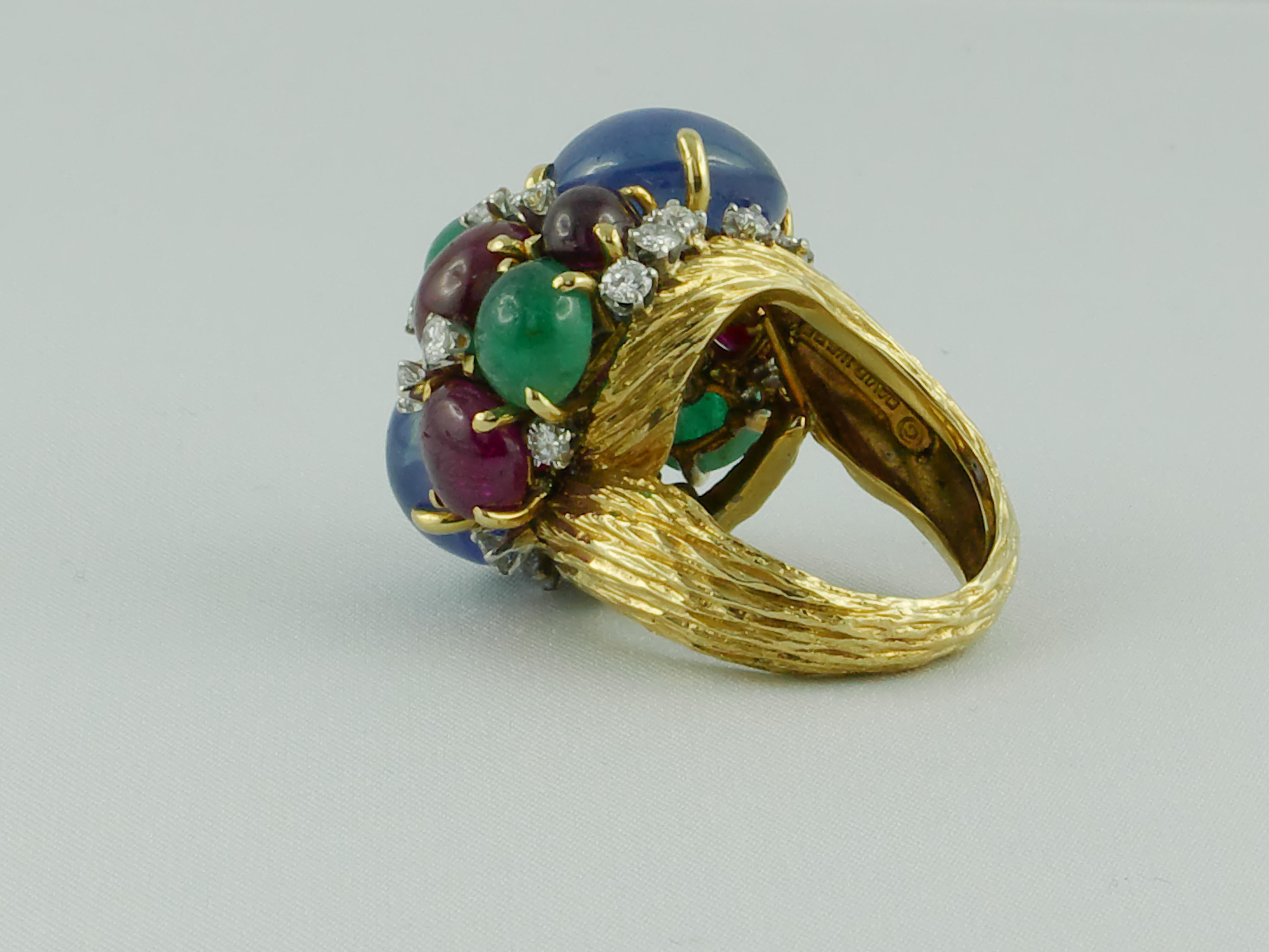 Mixed Cut David Webb Sapphires, Ruby, Emeralds and Diamonds Fruit Salad Ring For Sale