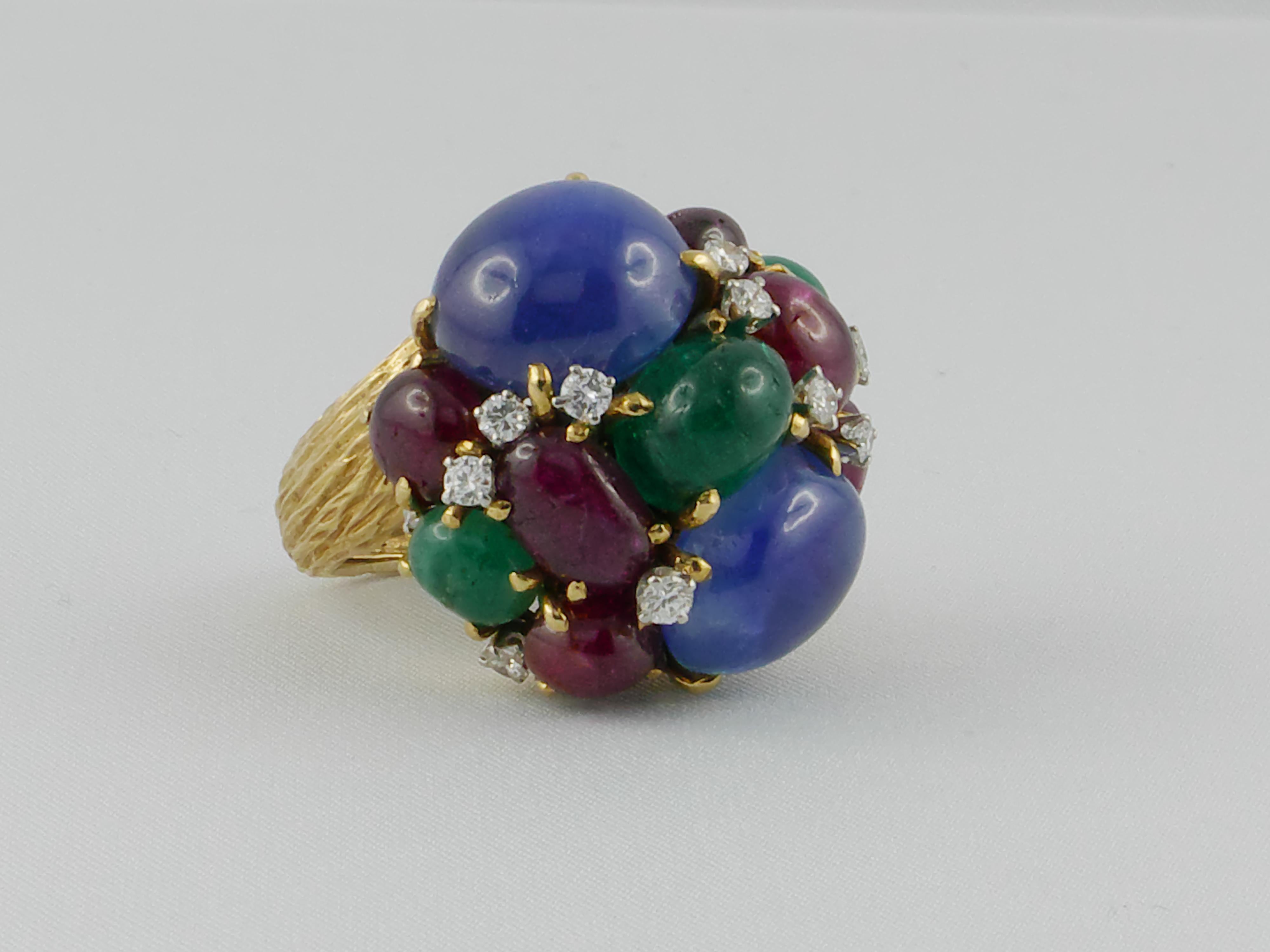 David Webb Sapphires, Ruby, Emeralds and Diamonds Fruit Salad Ring For Sale 1