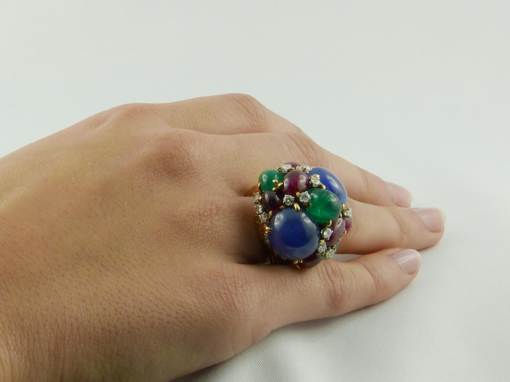 David Webb Sapphires, Ruby, Emeralds and Diamonds Fruit Salad Ring For Sale 2