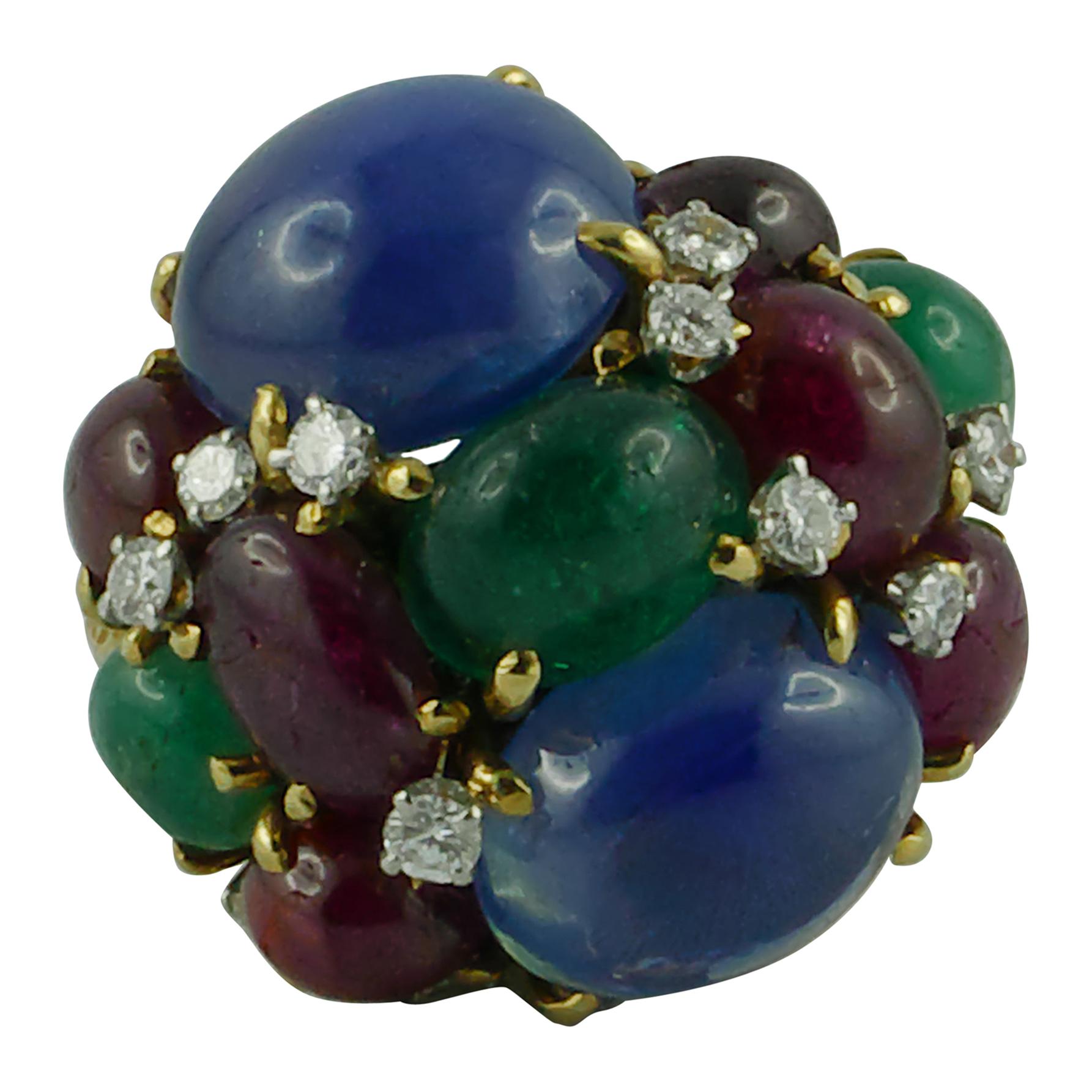 David Webb Sapphires, Ruby, Emeralds and Diamonds Fruit Salad Ring For Sale