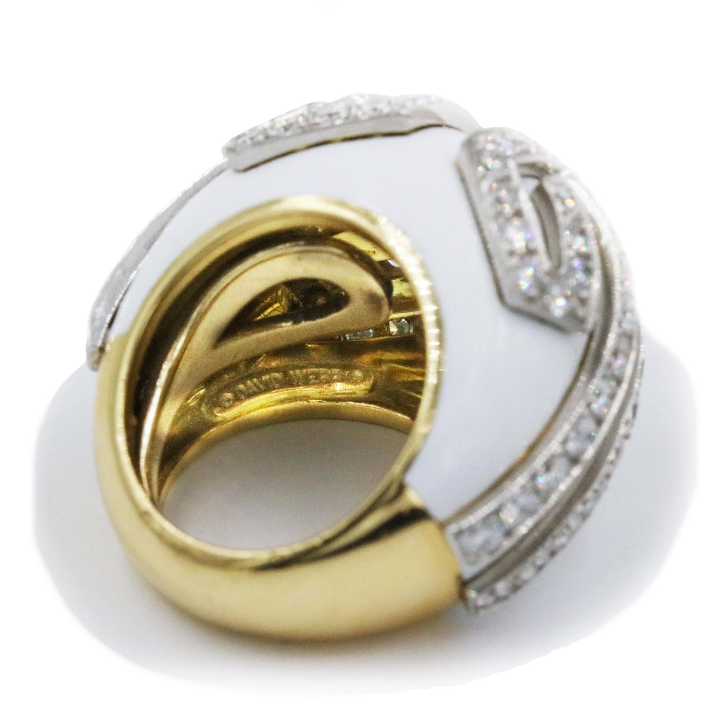 David Webb Scroll Ring with 3.90CTW of Diamonds in 18K YG Platinum and Enamel For Sale 5