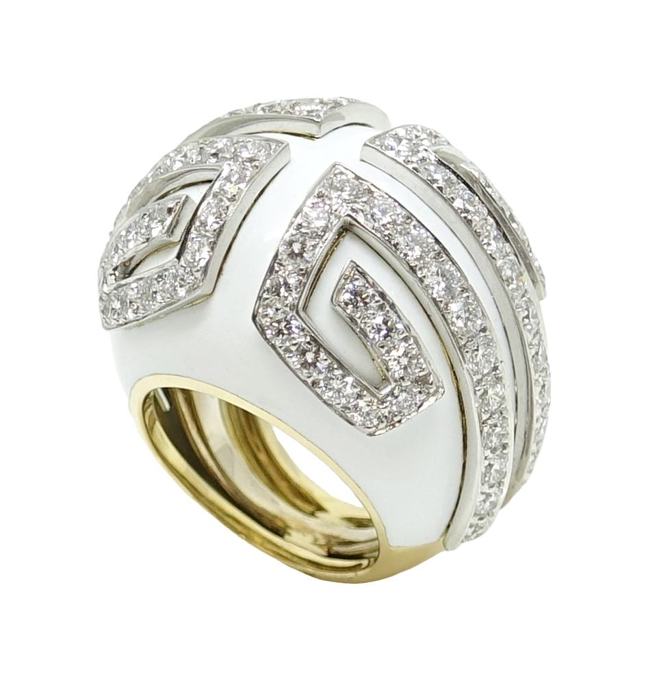 Art Deco David Webb Scroll Ring with 3.90CTW of Diamonds in 18K YG Platinum and Enamel For Sale