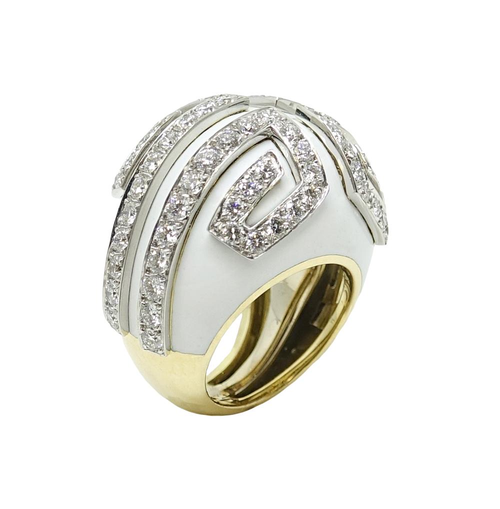 Round Cut David Webb Scroll Ring with 3.90CTW of Diamonds in 18K YG Platinum and Enamel For Sale