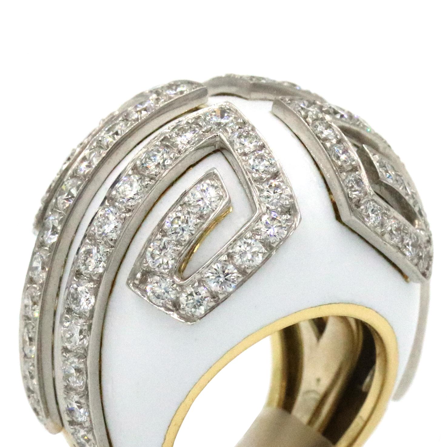 Women's David Webb Scroll Ring with 3.90CTW of Diamonds in 18K YG Platinum and Enamel For Sale
