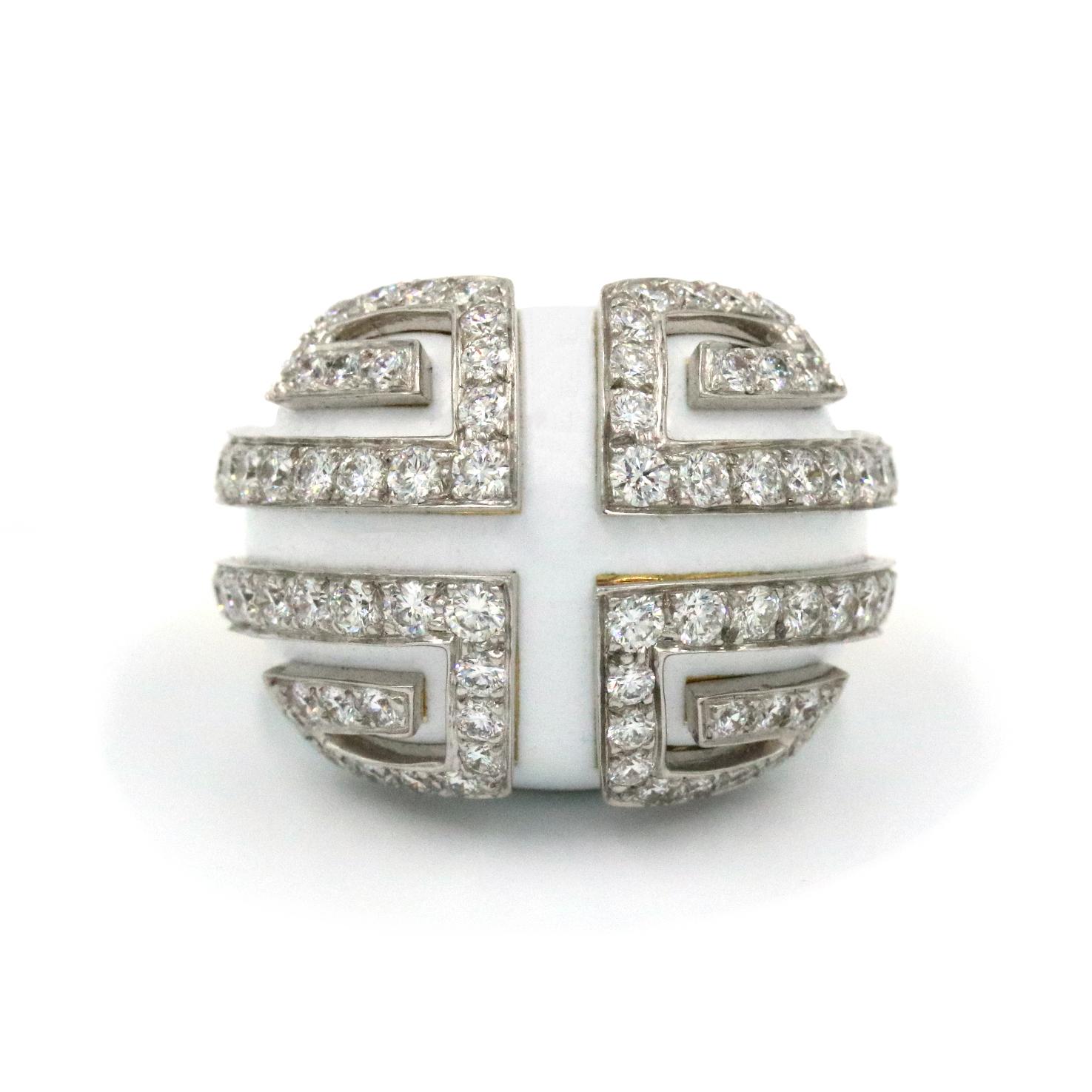 David Webb Scroll Ring with 3.90CTW of Diamonds in 18K YG Platinum and Enamel For Sale 1