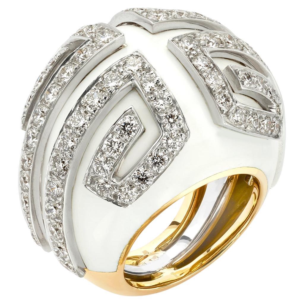 David Webb Scroll Ring with 3.90CTW of Diamonds in 18K YG Platinum and Enamel For Sale