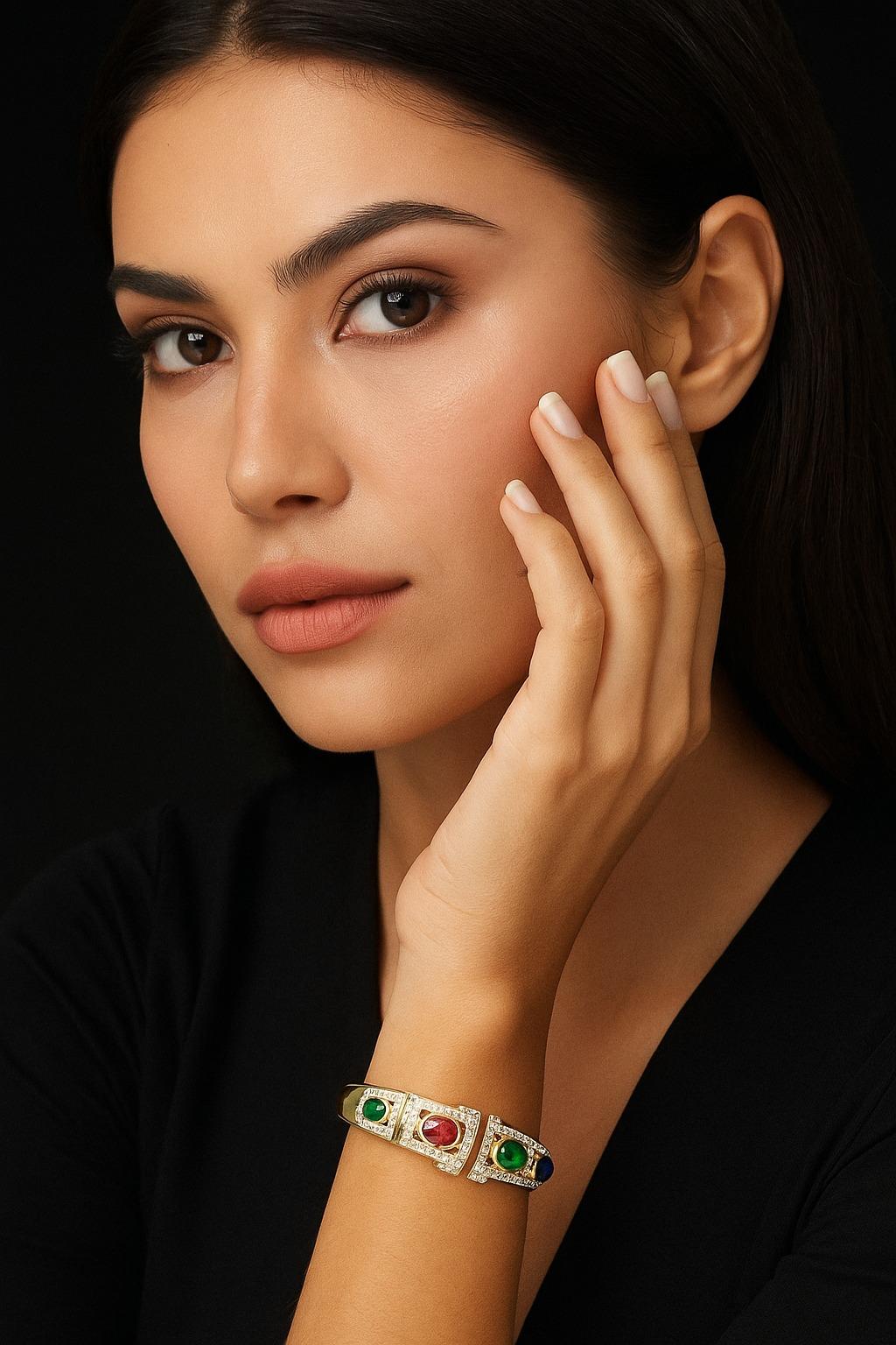 Cabochon David Webb Bracciale scultoreo con gemme e diamanti in oro 18 carati in vendita