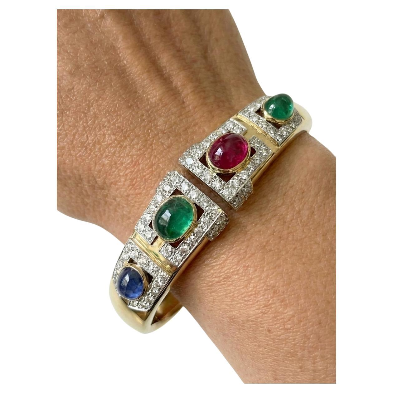 Pre-owned David Webb Sculptural Gemstone And Diamond Bangle Bracelet In 18k Gold In Multi