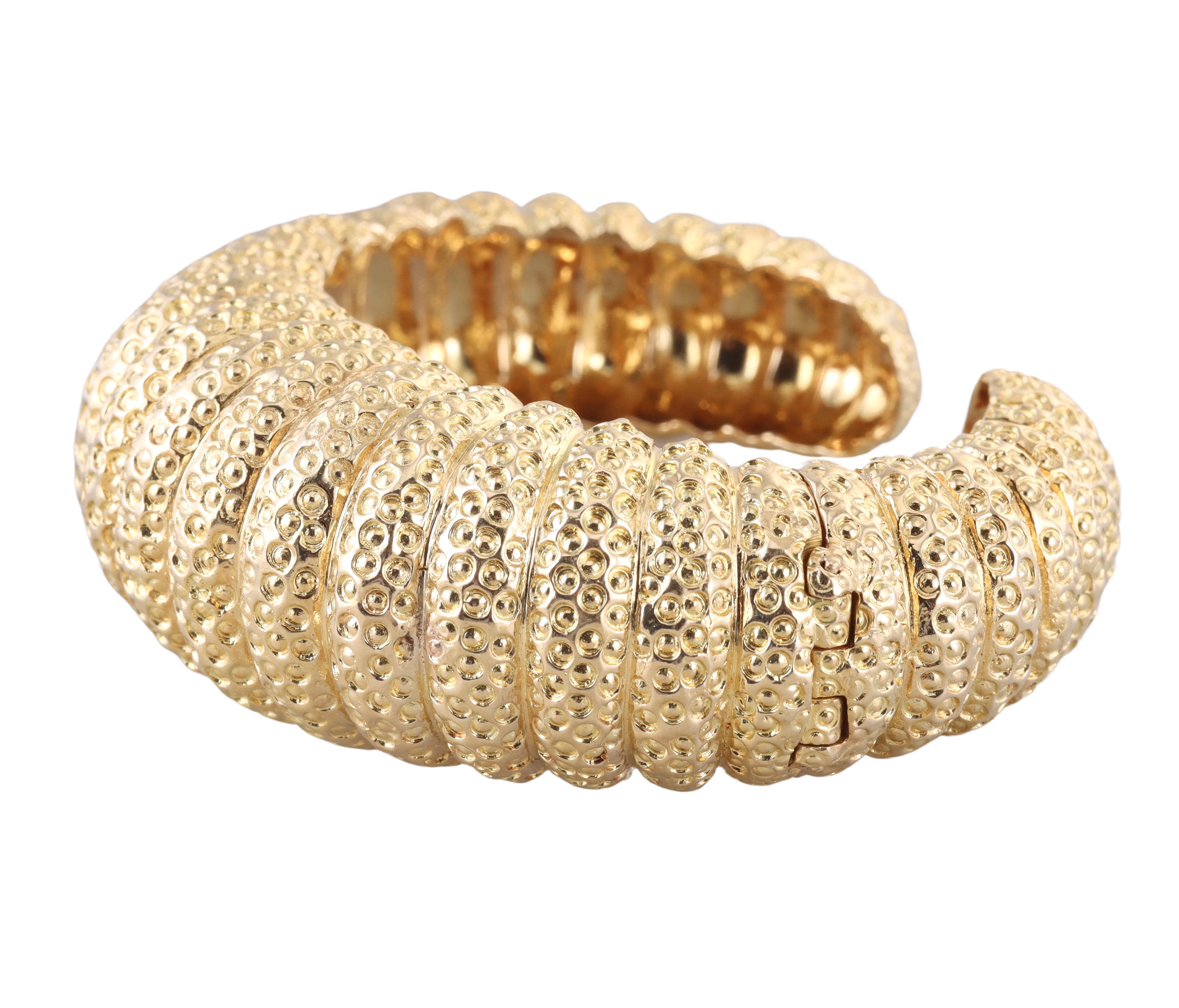 Unusual 18k gold sea urchin design cuff bracelet by David Webb. The bracelet will fit an approximately 6.5