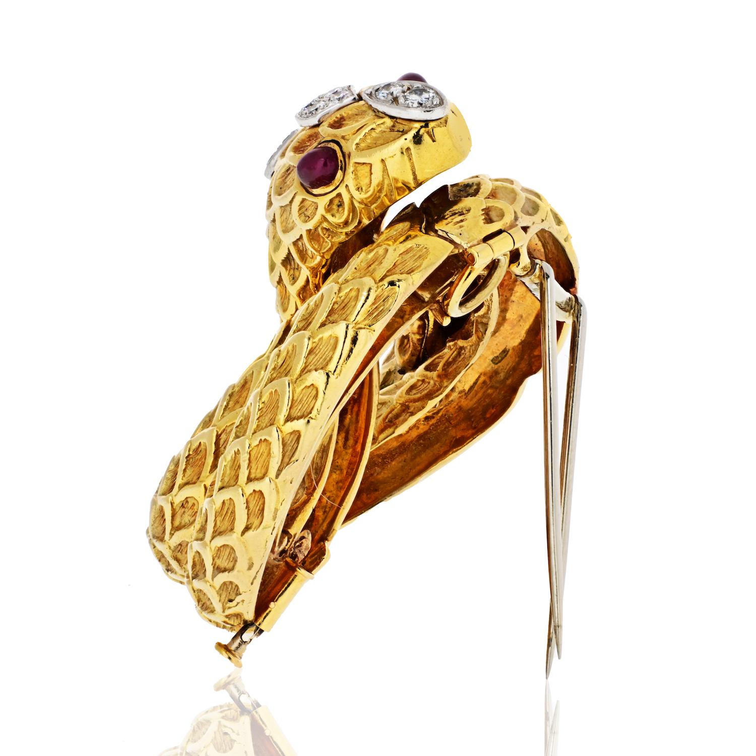Modern David Webb Serpent Platinum and 18 Karat Yellow Gold Diamond, Rubies Brooch