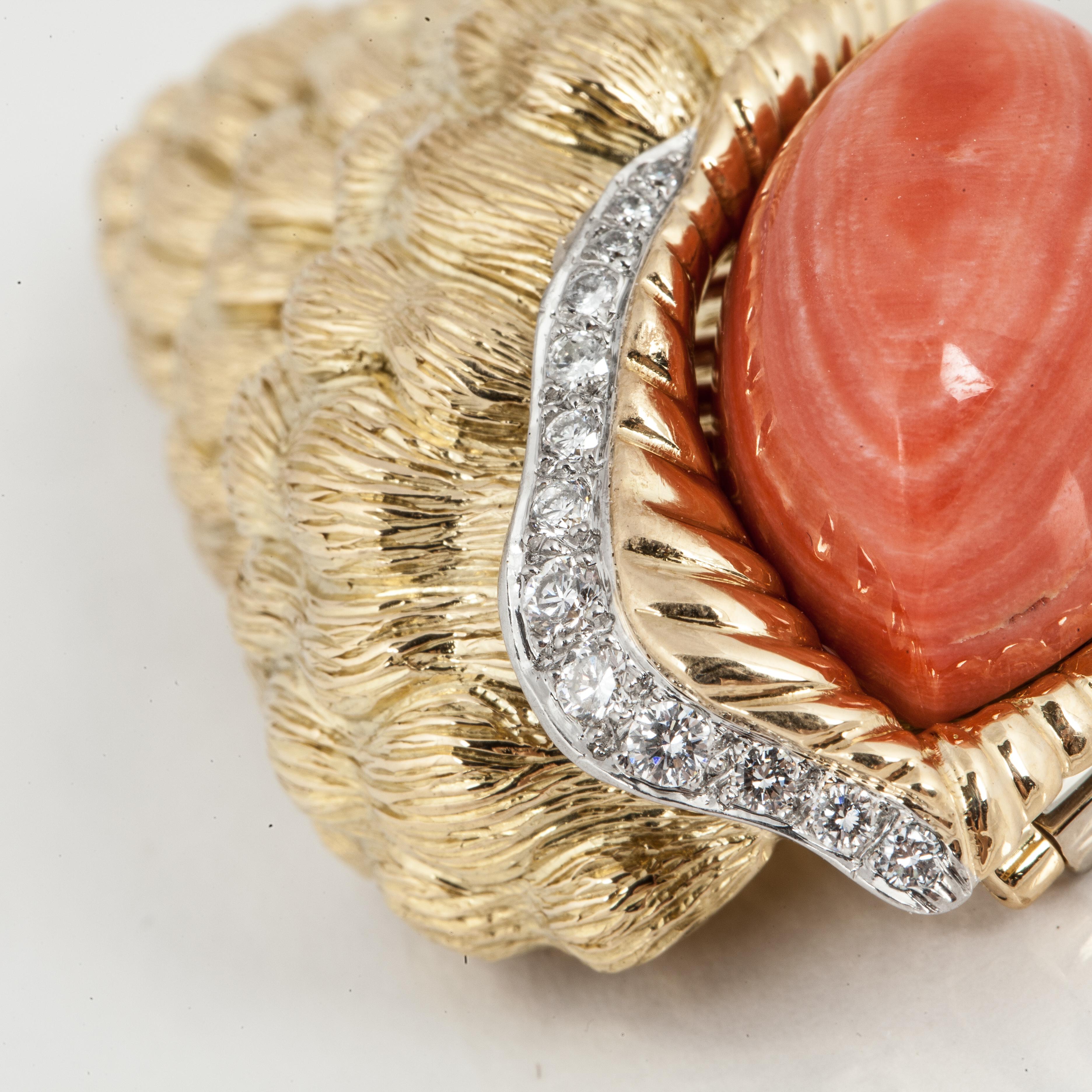 Mixed Cut David Webb 18K Gold Coral Shell Brooch