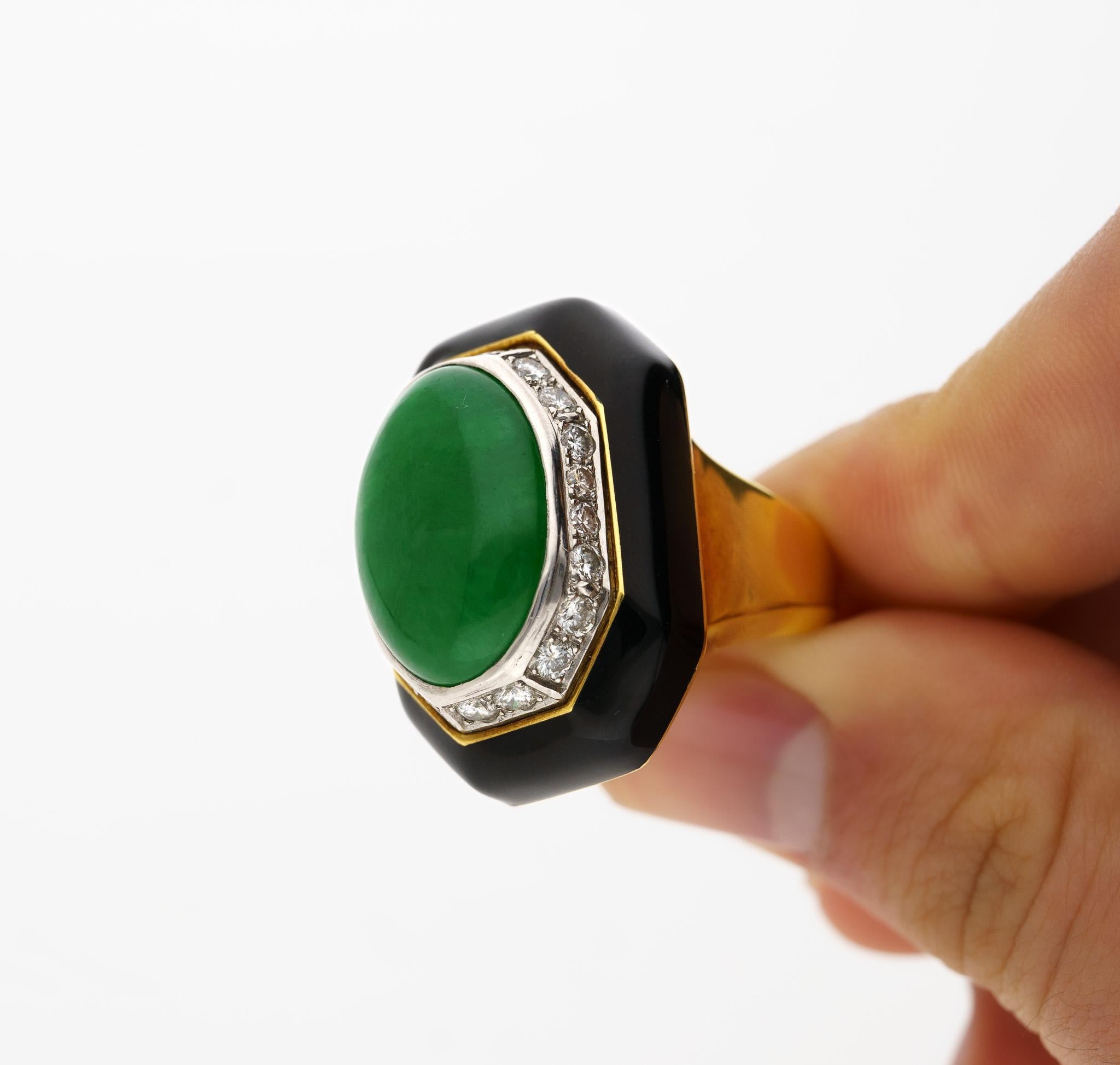 Cabochon David Webb Signed Type A Fei Chui Jadeite Jade and Onyx Platinum & 18K Ring For Sale