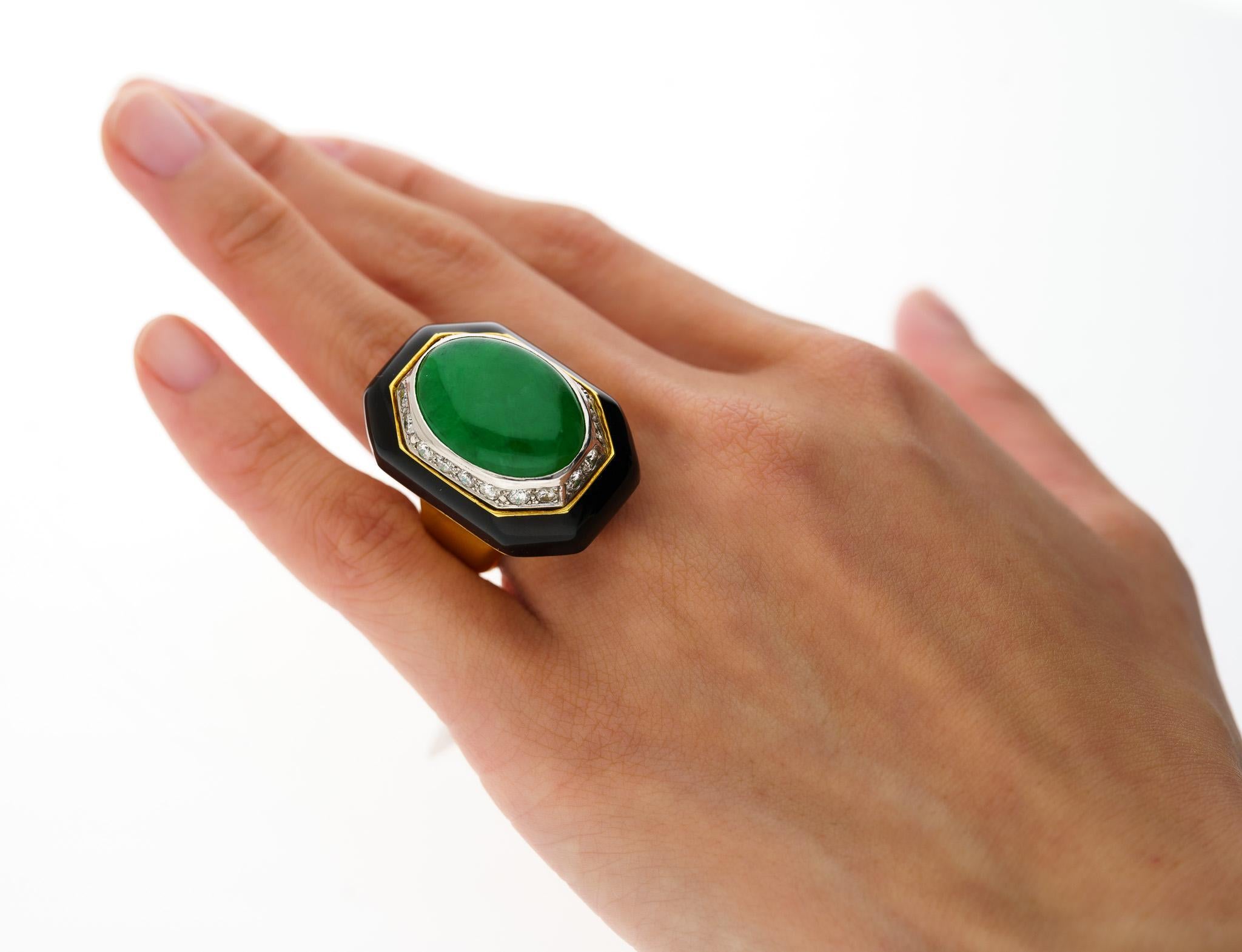 David Webb Signed Type A Fei Chui Jadeite Jade and Onyx Platinum & 18K Ring For Sale 1