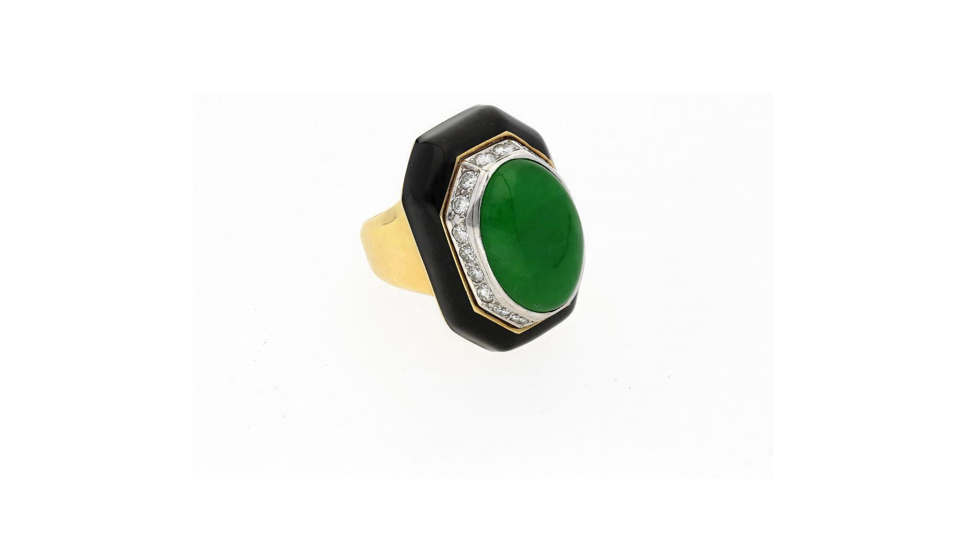 David Webb Signed Untreated Jade, Diamond, And Onyx Bezel Ring In Platinum And 18K Yellow Gold. 

Hong Kong Jade And Stone Lab-certified untreated Type A jadeite jade. Secured in a bezel setting, adorned with 20 round-cut diamonds. Paired with an