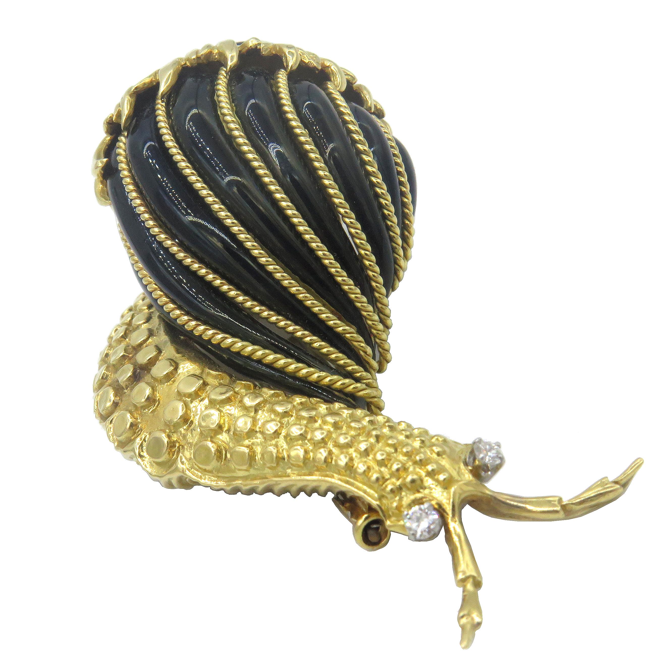 Modern David Webb Snail Brooch Black Enamel Diamond Gold For Sale