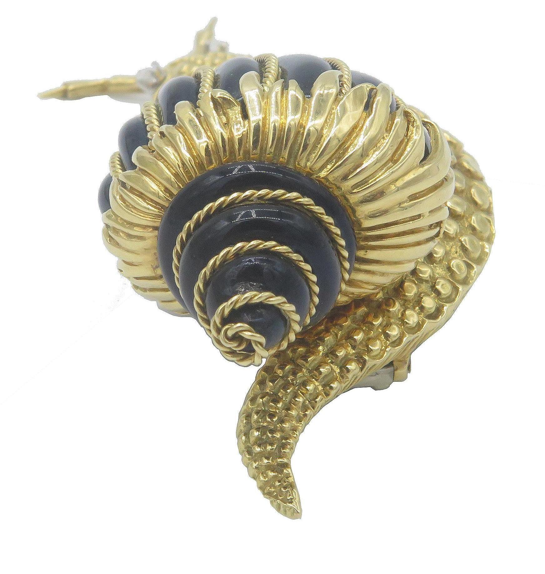 Round Cut David Webb Snail Brooch Black Enamel Diamond Gold For Sale