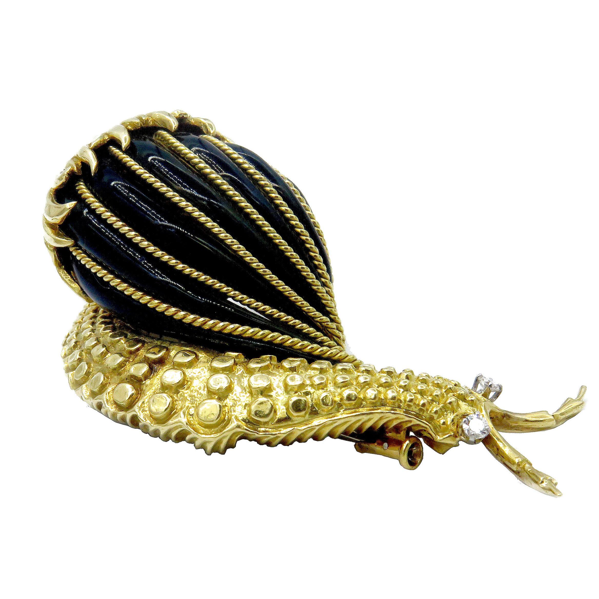 Schneckenbrosche von David Webb, schwarze Emaille, Diamant, Gold