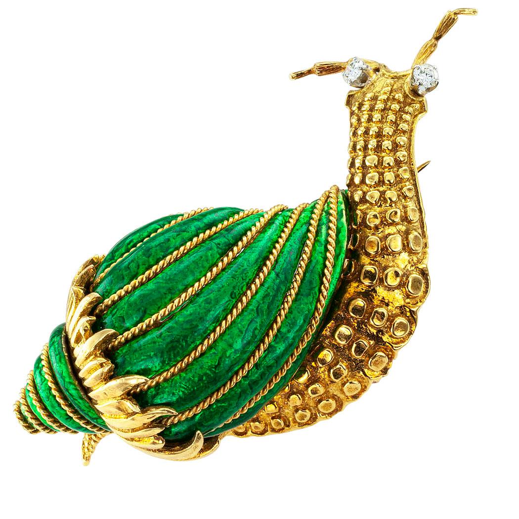 Modern David Webb Snail Brooch Green Enamel Diamond Gold